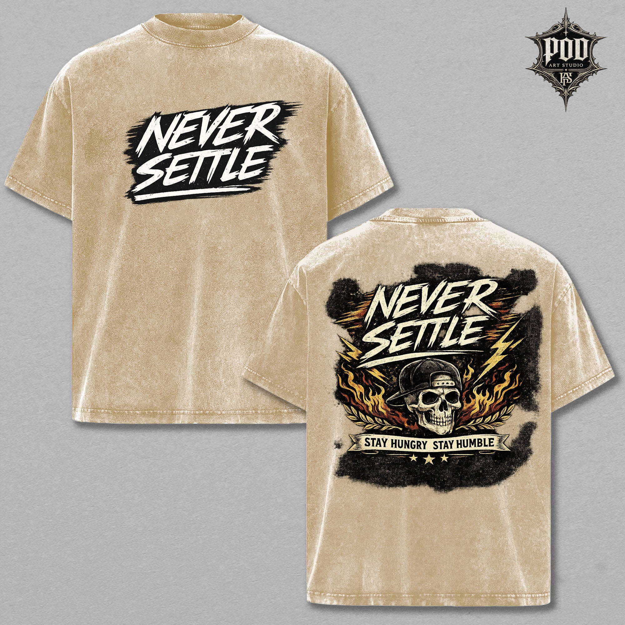 Never Settle Vintage Wash Oversized T-Shirt, Skull Graphic Tee, Stay Hungry Stay Humble Shirt, Streetwear Washed Cotton Tee, Unisex Gift (Bản sao)