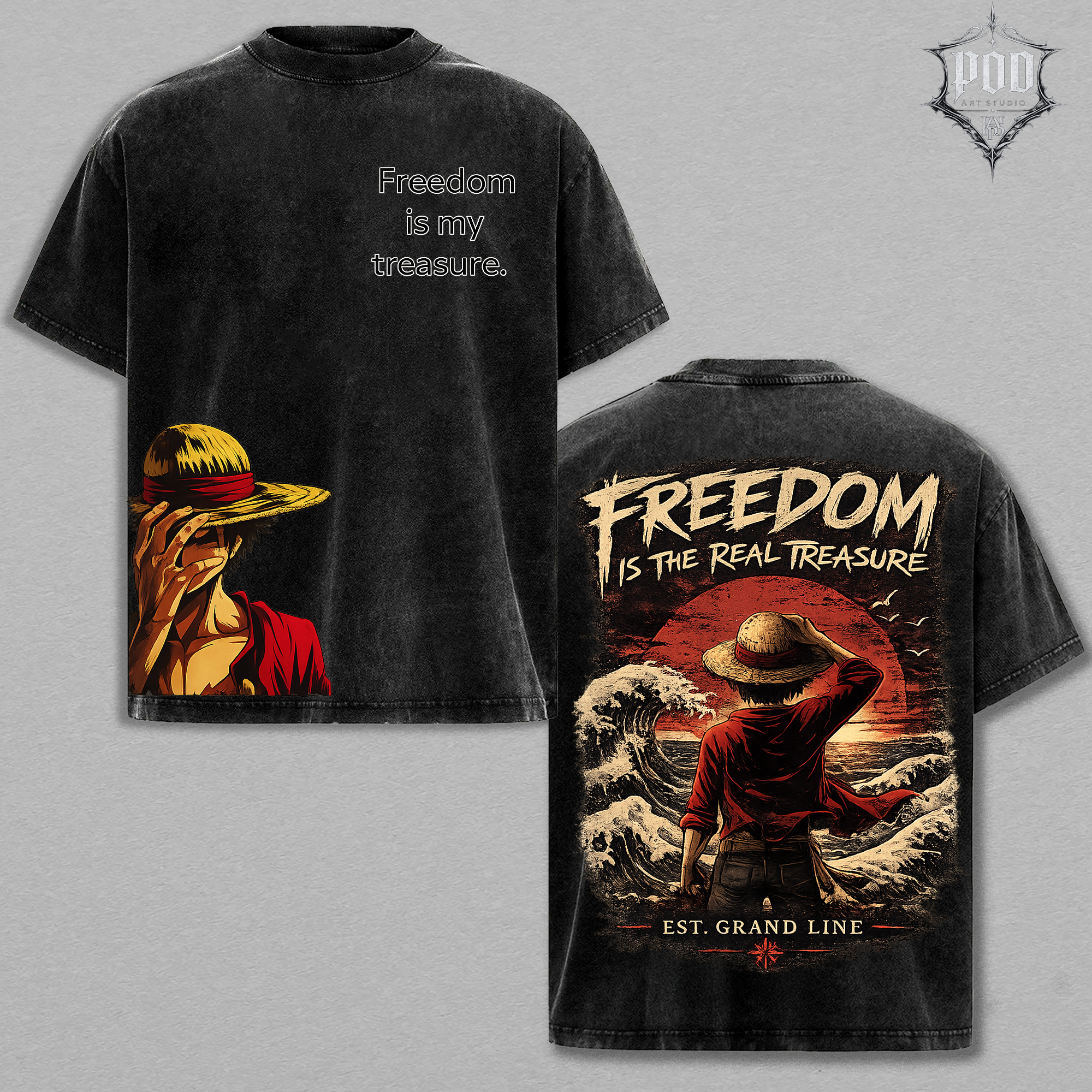 One Piece Luffy Freedom Graphic T-Shirt - Heavyweight Acid Wash