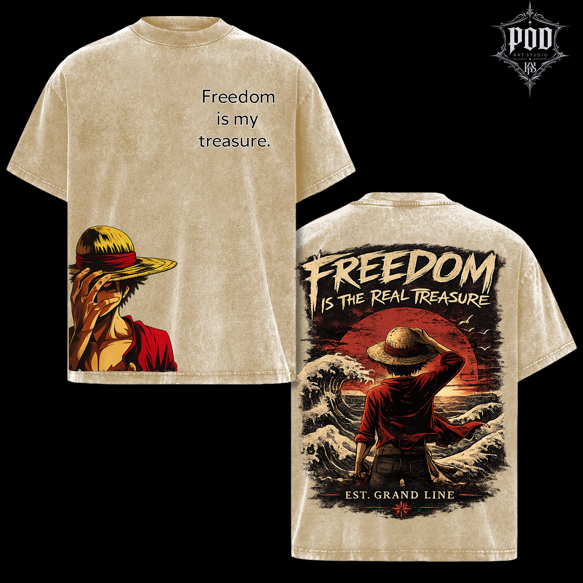 One Piece Luffy Freedom Graphic T-Shirt - Heavyweight Acid Wash
