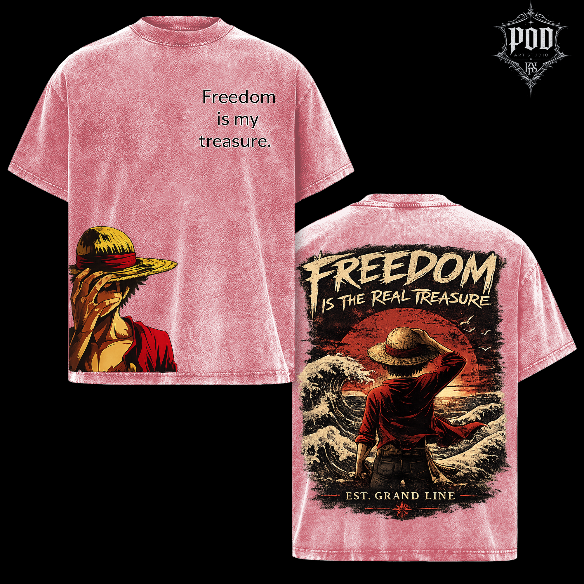 One Piece Luffy Freedom Graphic T-Shirt - Heavyweight Acid Wash