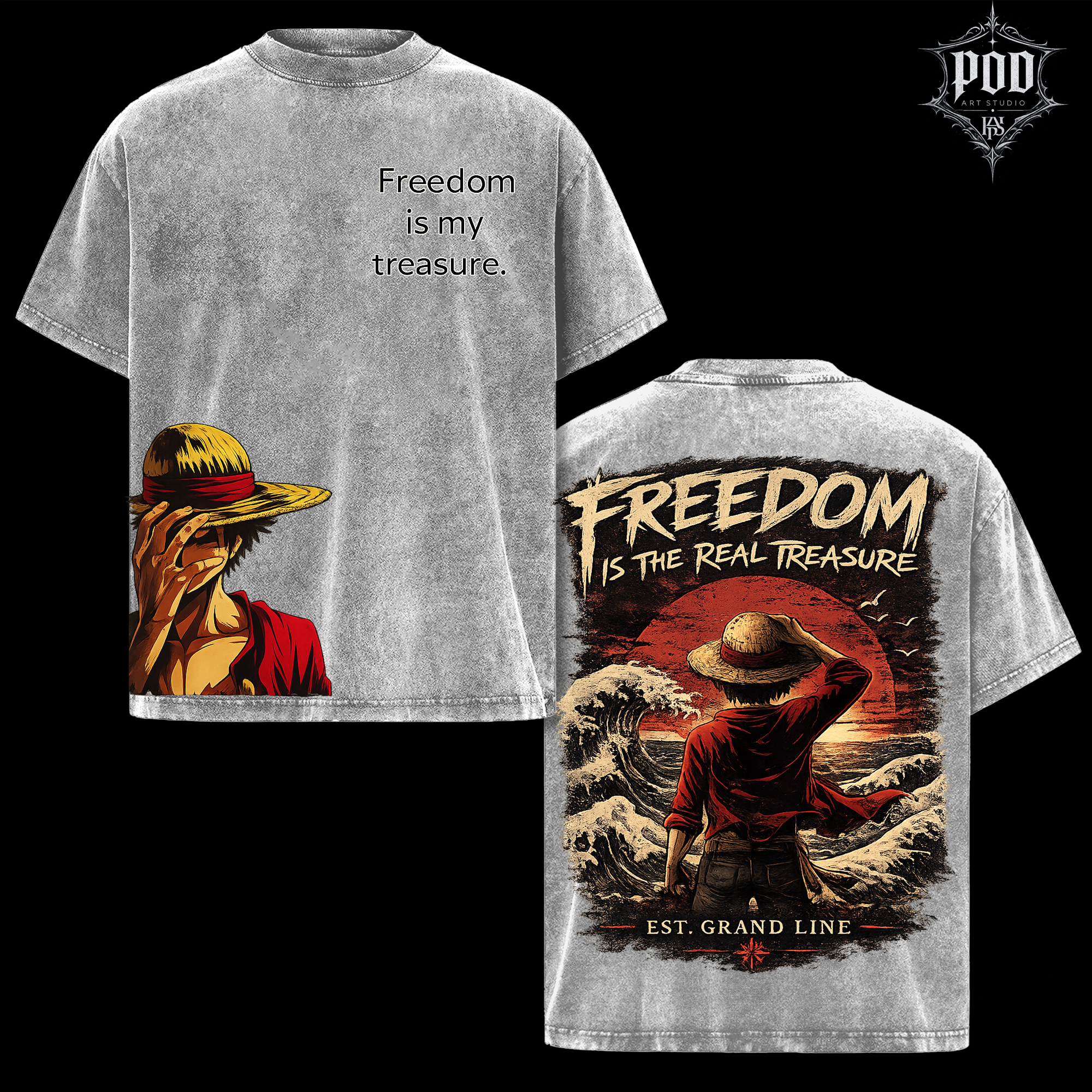 One Piece Luffy Freedom Graphic T-Shirt - Heavyweight Acid Wash