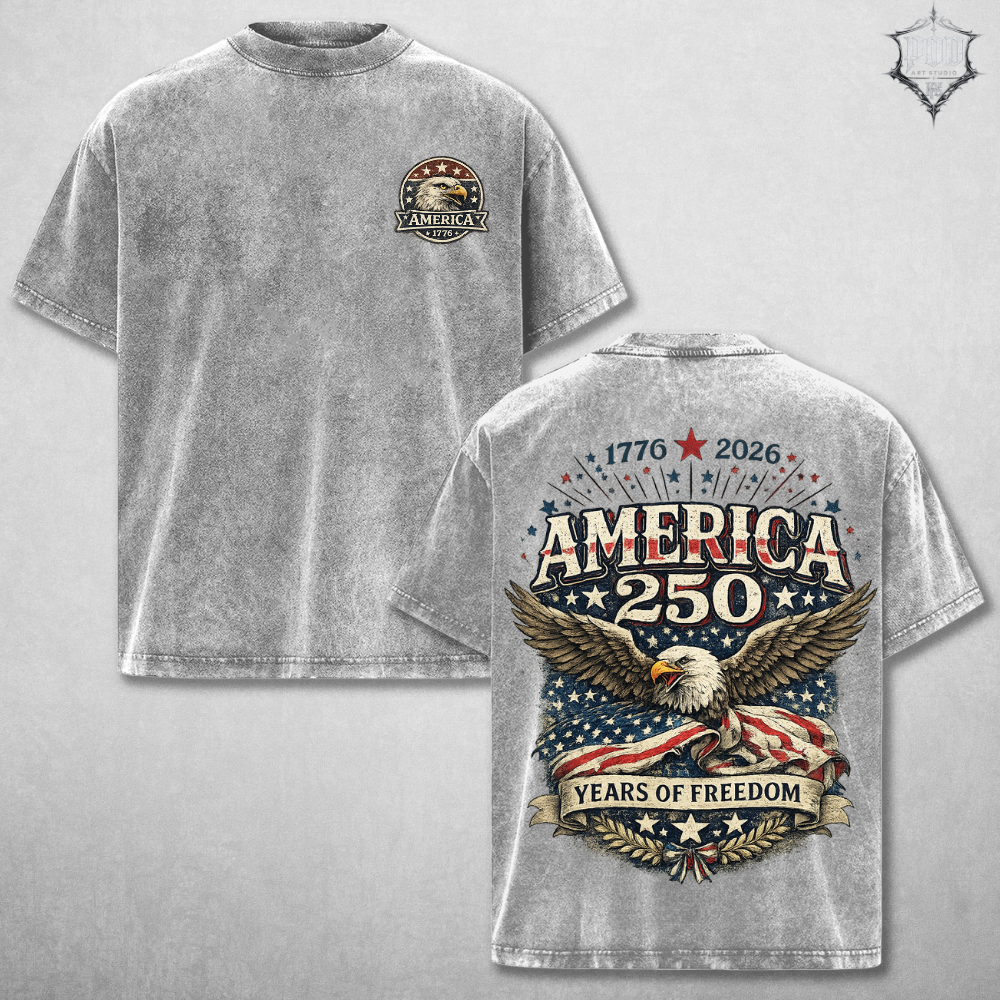 America 250 Vintage Washed Tee – Patriotic USA Streetwear Shirt, Oversized Freedom Graphic T-Shirt