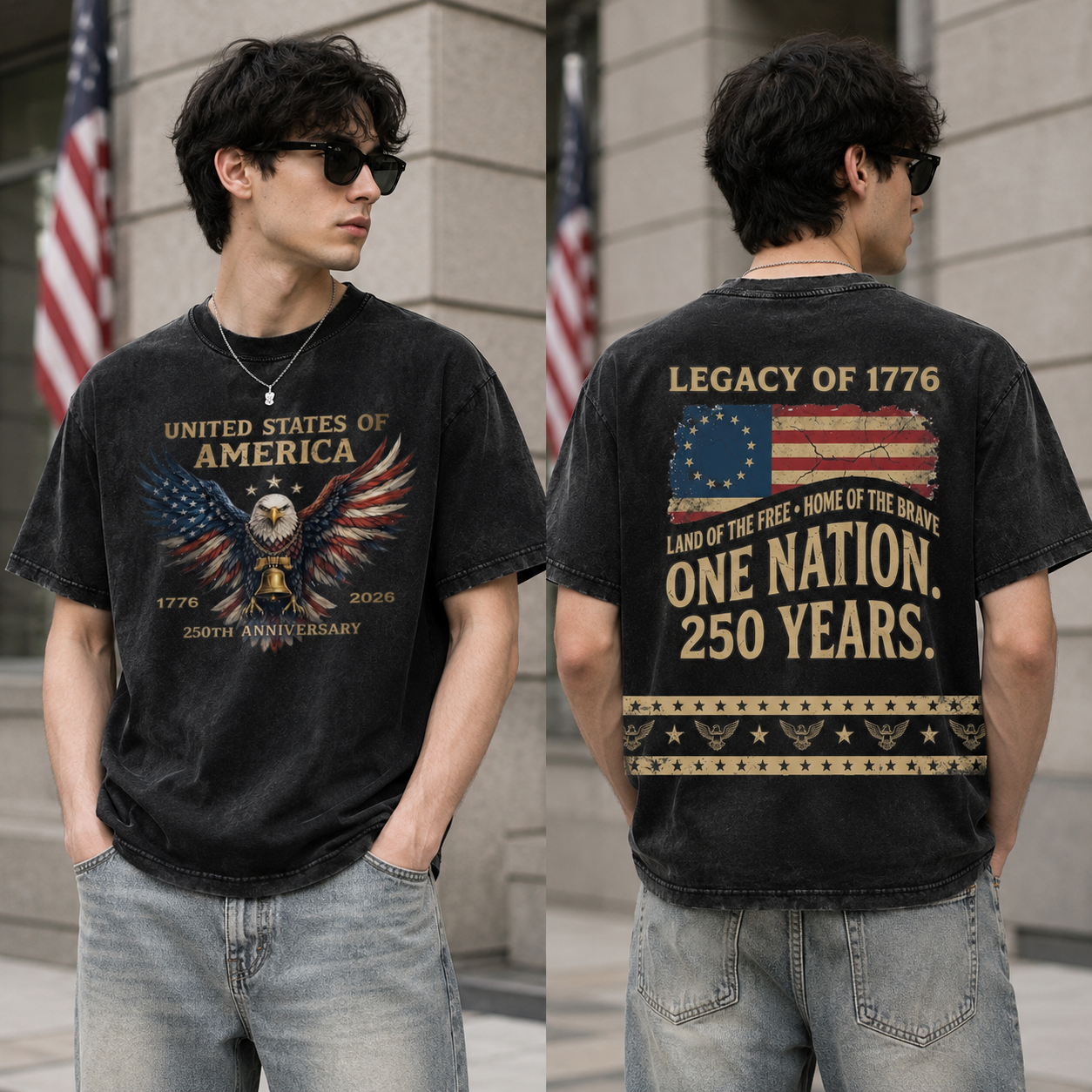 Vintage USA Eagle Shirt | One Nation 250 Years Patriotic Tee | Retro 1776 2026 Semiquincentennial Shirt | Distressed American Flag Tee