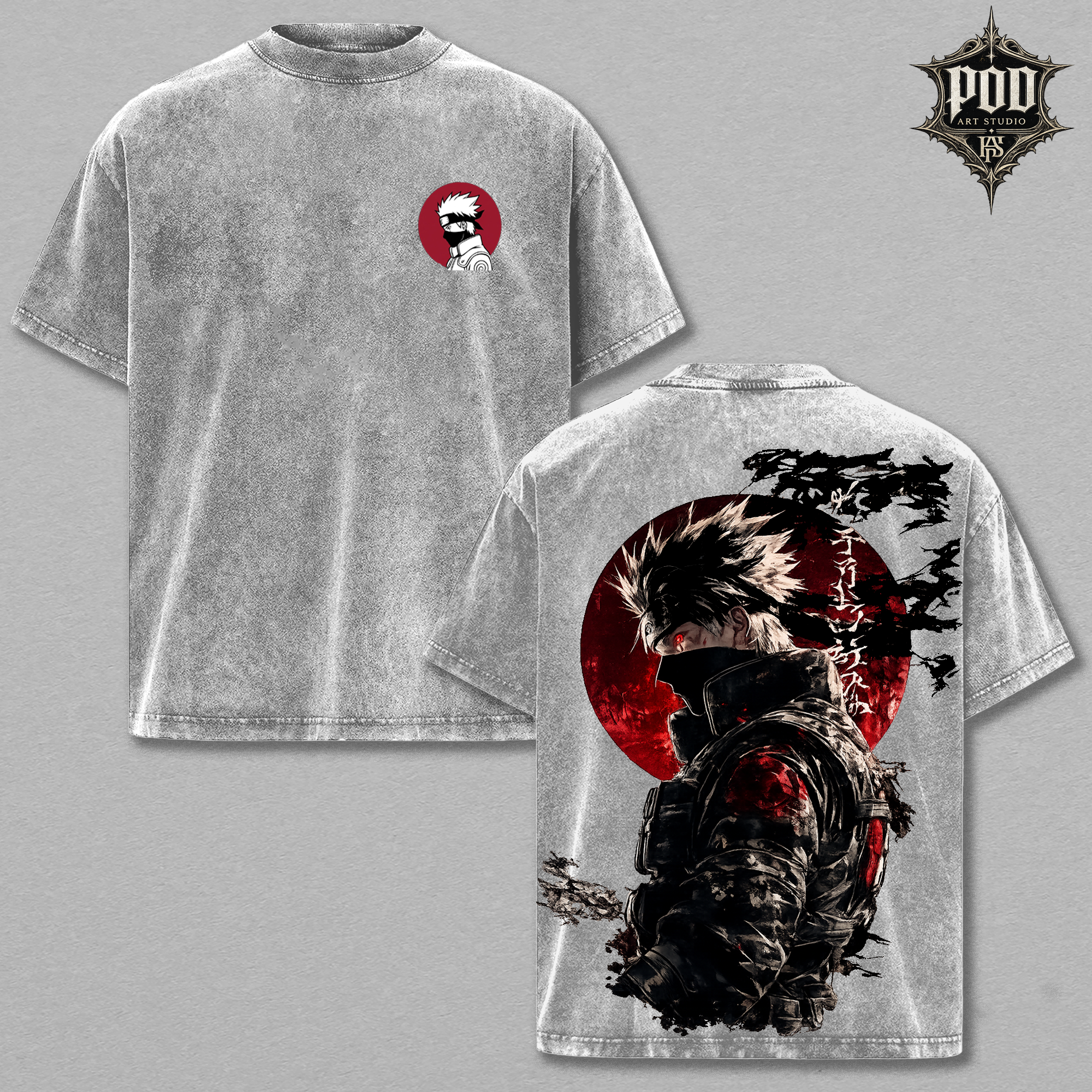 Vintage Kakashi Acid Wash Anime Tee ,Retro Kakashi Copy Ninja Mineral Wash T-Shirt , Kakashi Sharingan "Red Moon" Streetwear Tee , Oversized Kakashi Vintage Grey Graphic T-Shirt