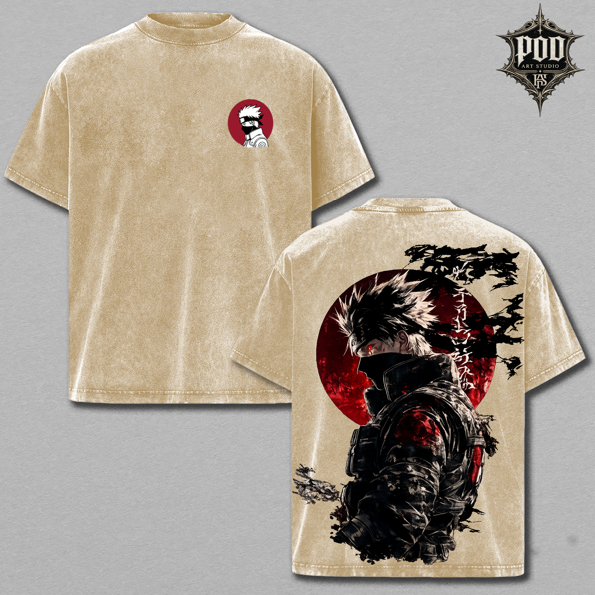 Vintage Kakashi Acid Wash Anime Tee ,Retro Kakashi Copy Ninja Mineral Wash T-Shirt , Kakashi Sharingan "Red Moon" Streetwear Tee , Oversized Kakashi Vintage Grey Graphic T-Shirt