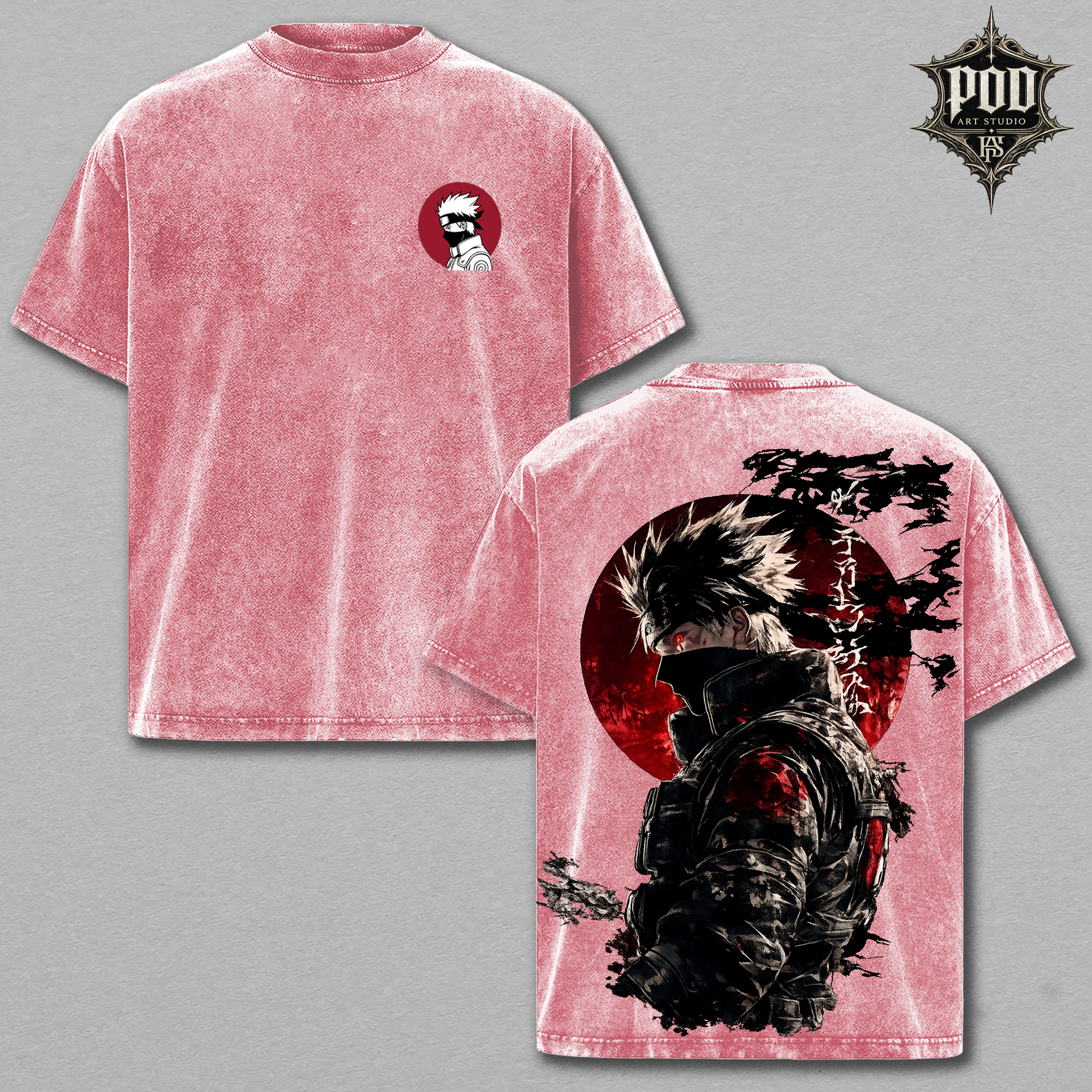 Vintage Kakashi Acid Wash Anime Tee ,Retro Kakashi Copy Ninja Mineral Wash T-Shirt , Kakashi Sharingan "Red Moon" Streetwear Tee , Oversized Kakashi Vintage Grey Graphic T-Shirt