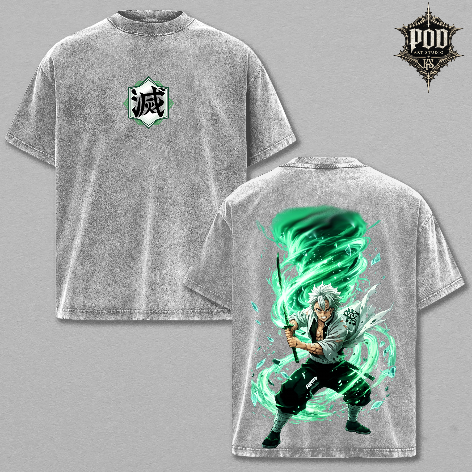 Sanemi Shinazugawa Wind Hashira Anime Wash T-Shirt / Demon Slayer Sanemi Graphic Vintage Oversized Tee/  Wind Hashira Sanemi Anime Merch Acid Wash Shirt/  Sanemi Green Cyclone Graphic Heavyweight Tee