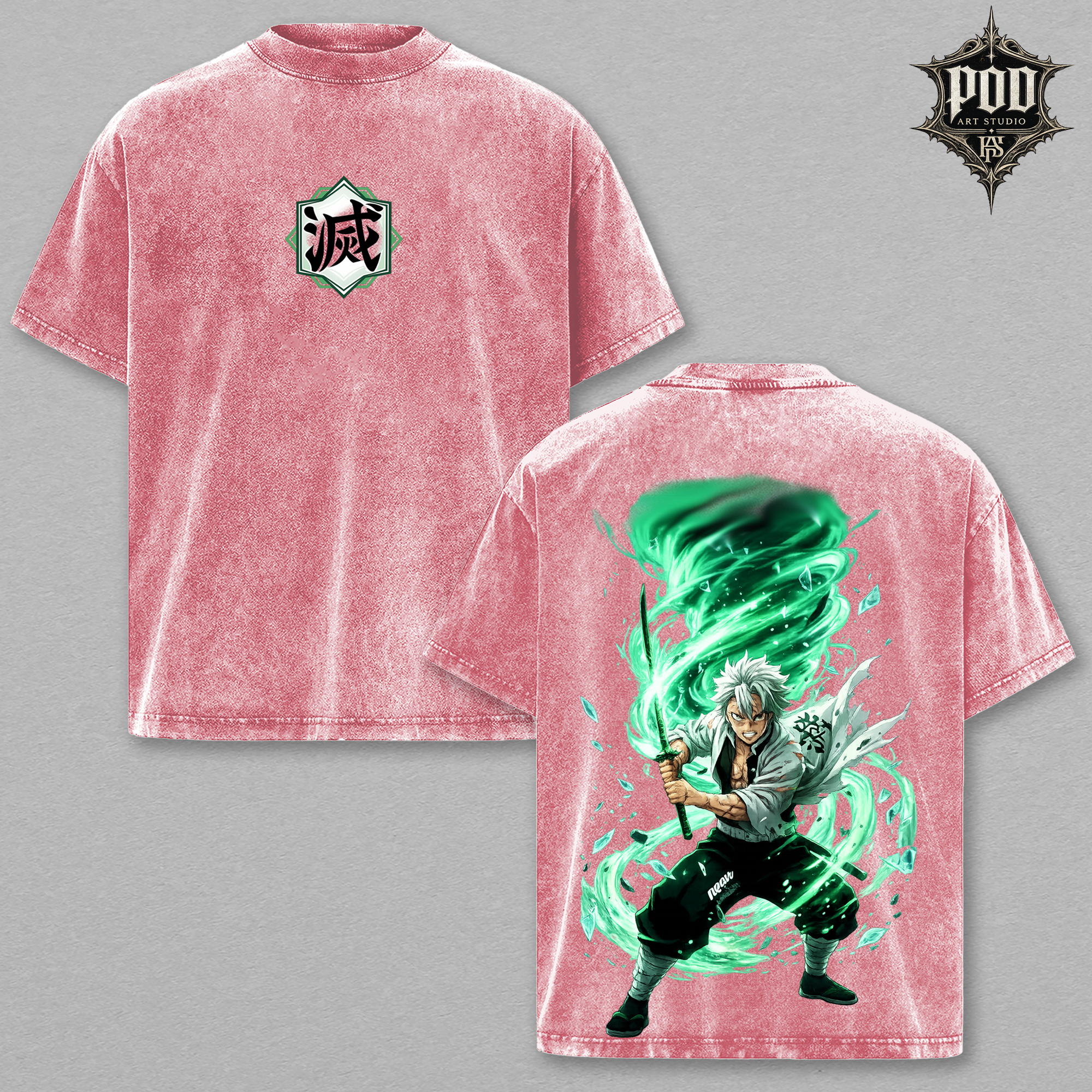 Sanemi Shinazugawa Wind Hashira Anime Wash T-Shirt / Demon Slayer Sanemi Graphic Vintage Oversized Tee/  Wind Hashira Sanemi Anime Merch Acid Wash Shirt/  Sanemi Green Cyclone Graphic Heavyweight Tee