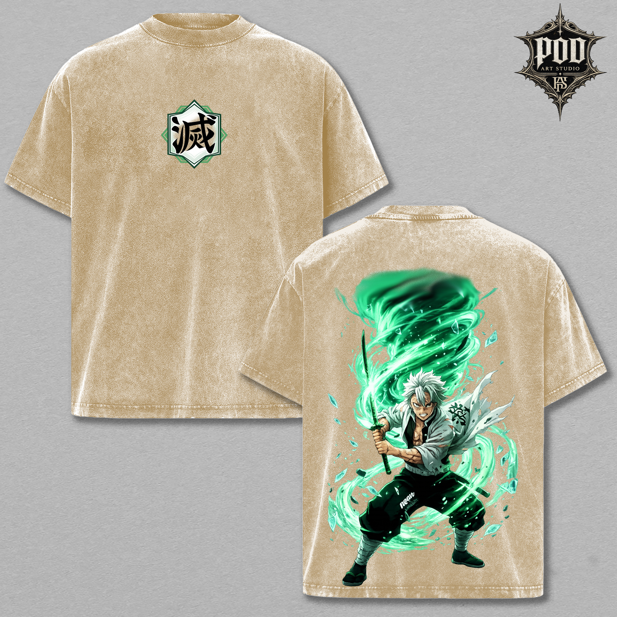 Sanemi Shinazugawa Wind Hashira Anime Wash T-Shirt / Demon Slayer Sanemi Graphic Vintage Oversized Tee/  Wind Hashira Sanemi Anime Merch Acid Wash Shirt/  Sanemi Green Cyclone Graphic Heavyweight Tee