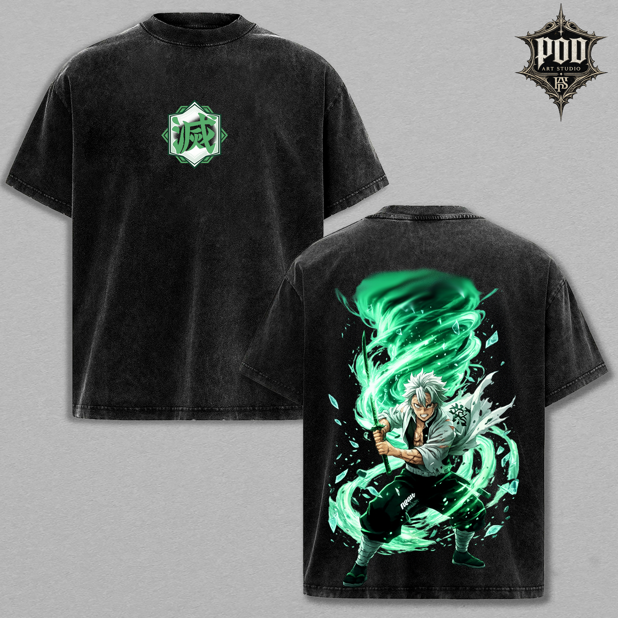 Sanemi Shinazugawa Wind Hashira Anime Wash T-Shirt / Demon Slayer Sanemi Graphic Vintage Oversized Tee/  Wind Hashira Sanemi Anime Merch Acid Wash Shirt/  Sanemi Green Cyclone Graphic Heavyweight Tee