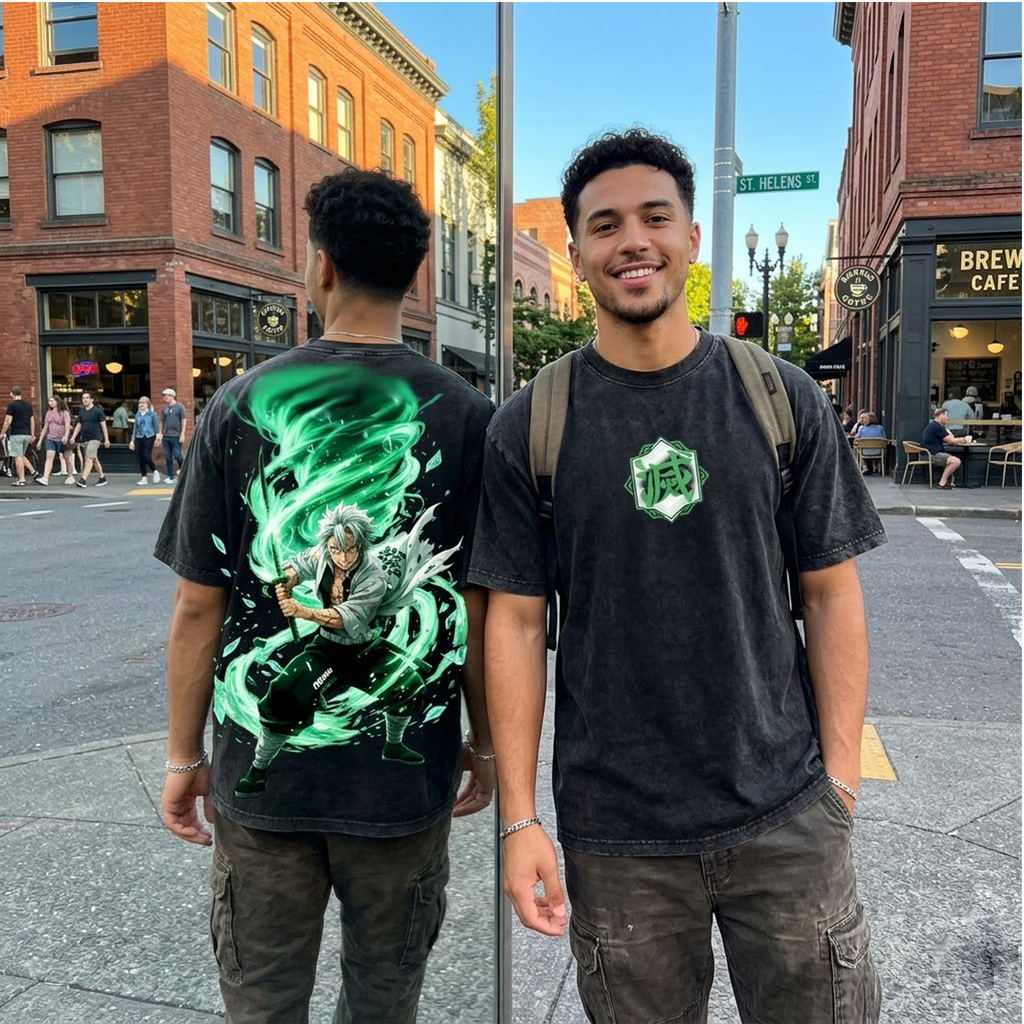 Sanemi Shinazugawa Wind Hashira Anime Wash T-Shirt / Demon Slayer Sanemi Graphic Vintage Oversized Tee/  Wind Hashira Sanemi Anime Merch Acid Wash Shirt/  Sanemi Green Cyclone Graphic Heavyweight Tee