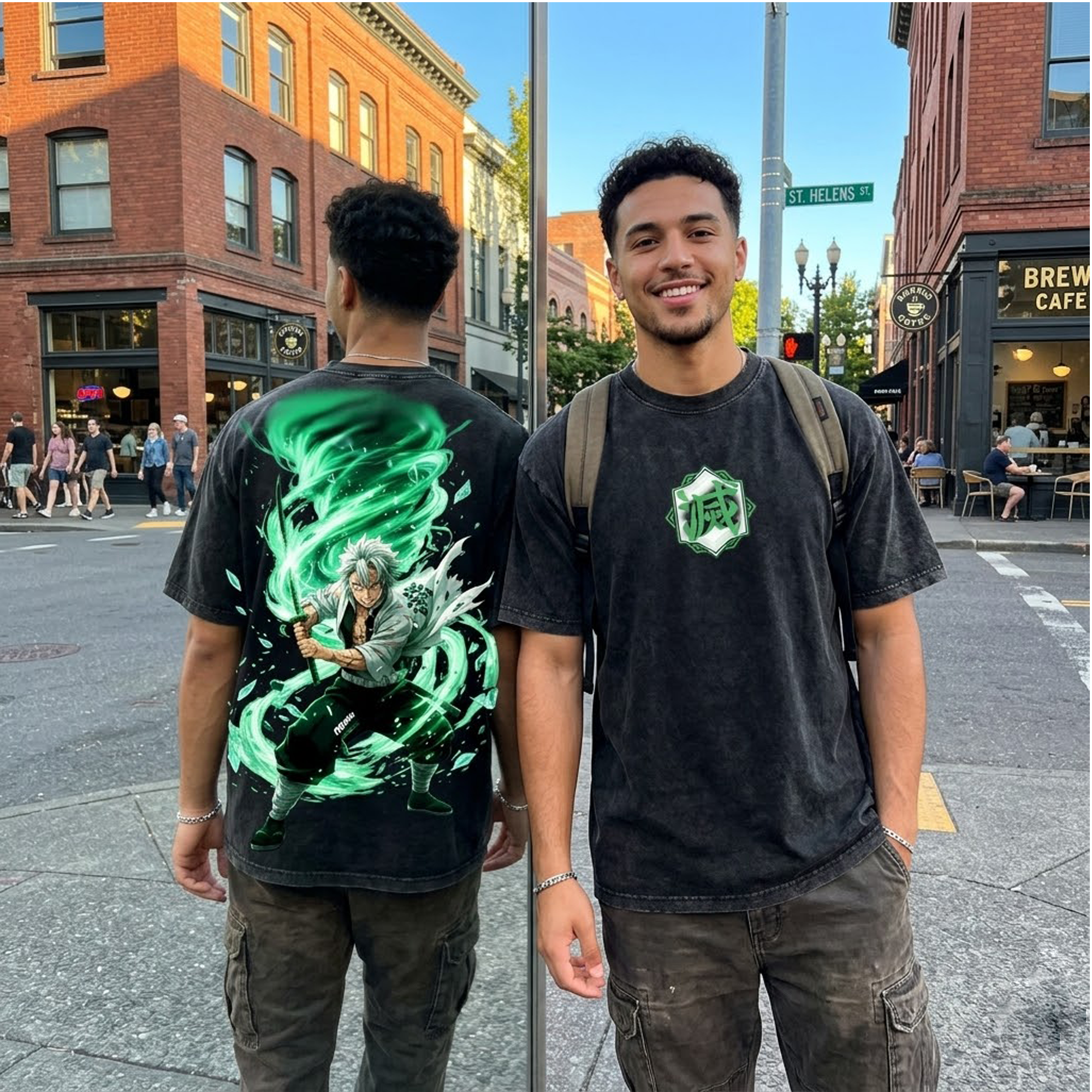 Sanemi Shinazugawa Wind Hashira Anime Wash T-Shirt / Demon Slayer Sanemi Graphic Vintage Oversized Tee/  Wind Hashira Sanemi Anime Merch Acid Wash Shirt/  Sanemi Green Cyclone Graphic Heavyweight Tee