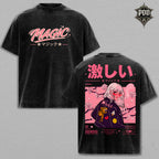 Magic Vintage Wash Anime Graphic Tee – Japanese Streetwear Oversized T-Shirt, Heavyweight Washed Cotton Manga Shirt, Harajuku Aesthetic Unisex Tee