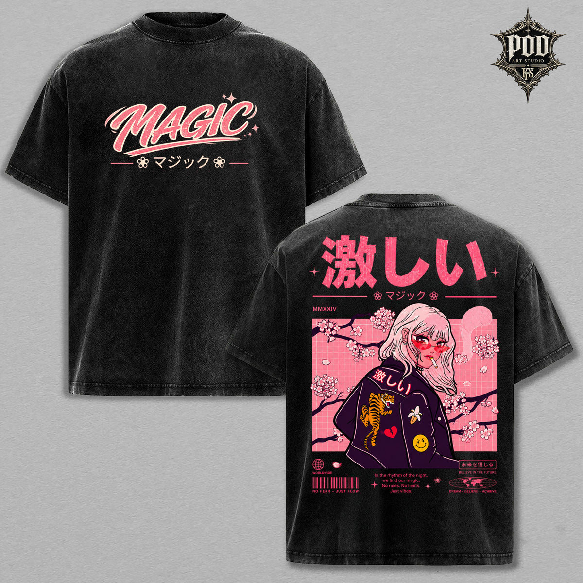 Magic Vintage Wash Anime Graphic Tee – Japanese Streetwear Oversized T-Shirt, Heavyweight Washed Cotton Manga Shirt, Harajuku Aesthetic Unisex Tee
