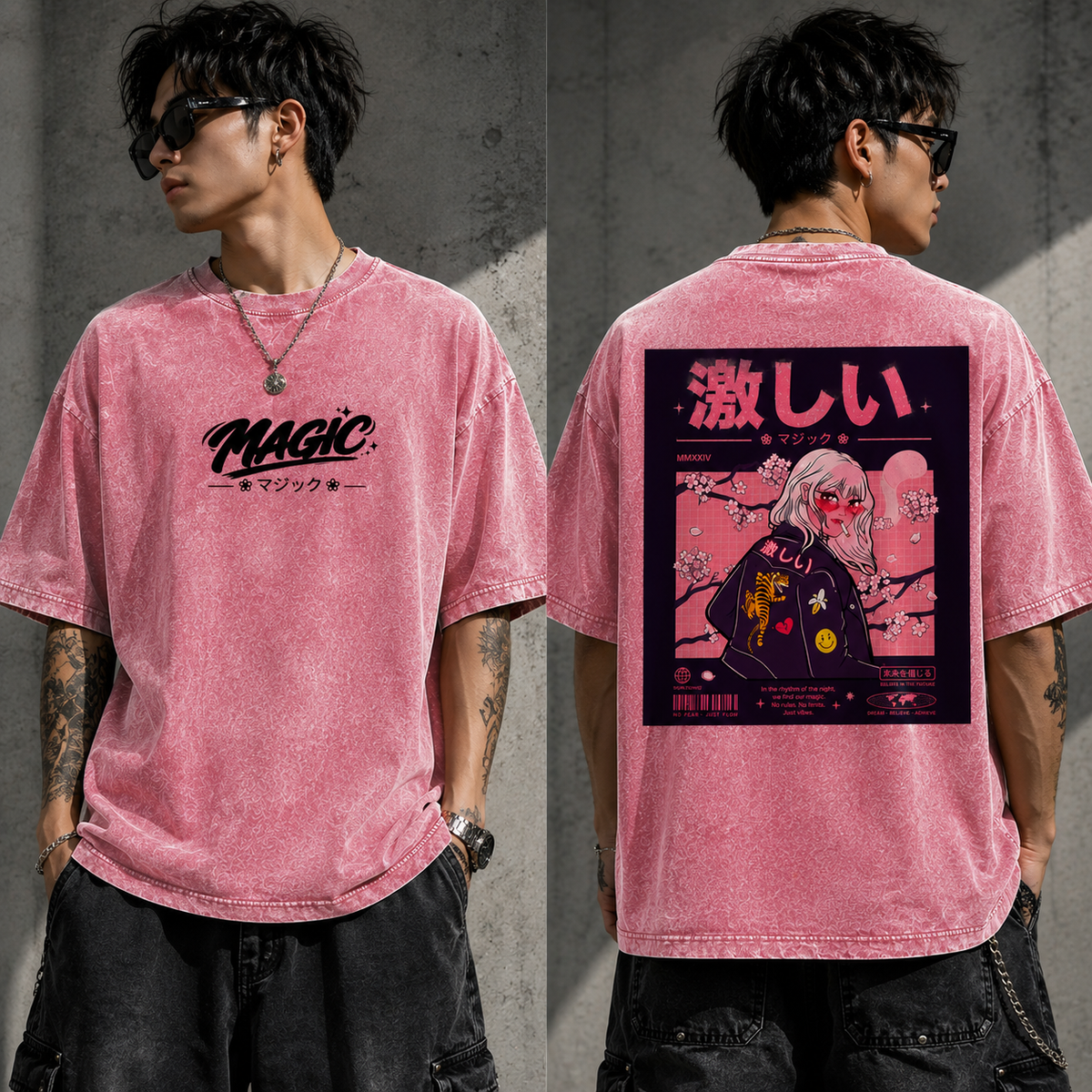 Magic Vintage Wash Anime Graphic Tee – Japanese Streetwear Oversized T-Shirt, Heavyweight Washed Cotton Manga Shirt, Harajuku Aesthetic Unisex Tee