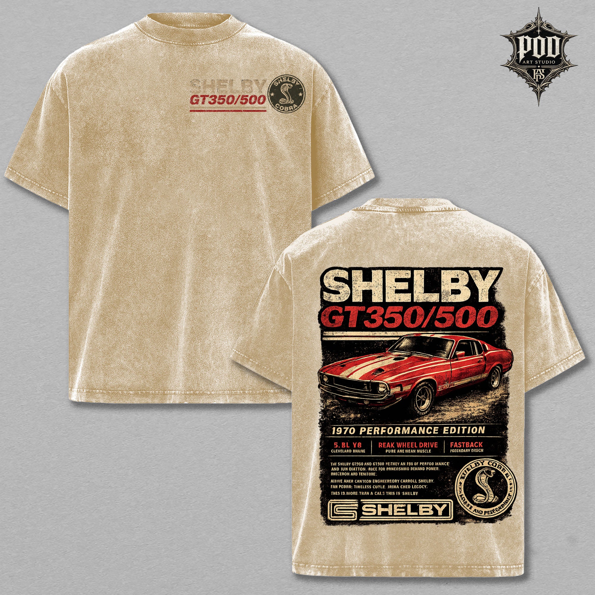 Shelby GT350/500 Vintage Muscle Car Washed T-Shirt – 1970 Performance Edition Graphic Tee