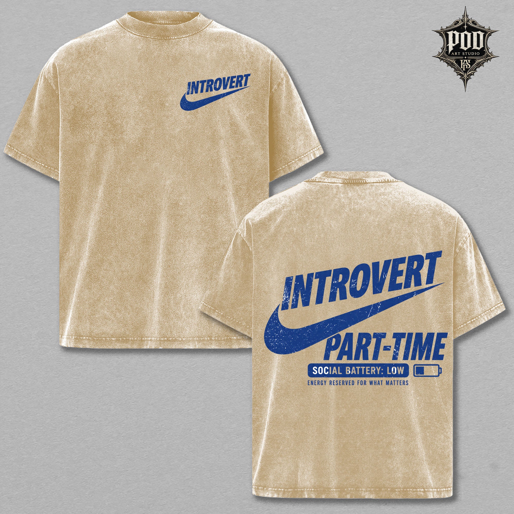 Introvert Part-Time Vintage Wash Graphic T-Shirt – Funny Oversized Streetwear Tee, Social Battery Low Heavyweight Cotton Shirt, Unisex Casual Gift