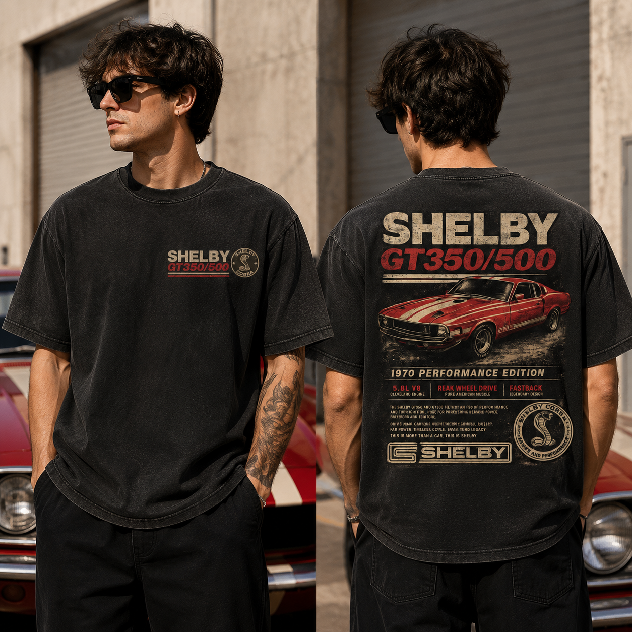 Shelby GT350/500 Vintage Muscle Car Washed T-Shirt – 1970 Performance Edition Graphic Tee