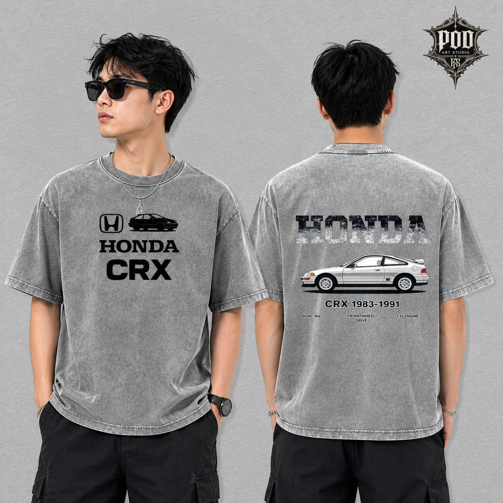 Honda CRX Vintage Wash T-Shirt – Retro CRX Graphic Oversized Tee, JDM Car Enthusiast Heavyweight Shirt, Classic Honda Streetwear Unisex Gift