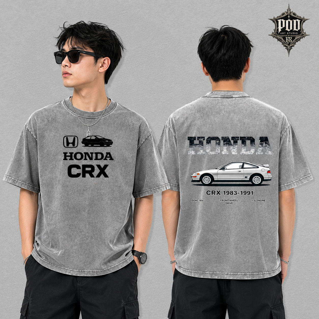 Honda CRX Vintage Wash T-Shirt – Retro CRX Graphic Oversized Tee, JDM Car Enthusiast Heavyweight Shirt, Classic Honda Streetwear Unisex Gift
