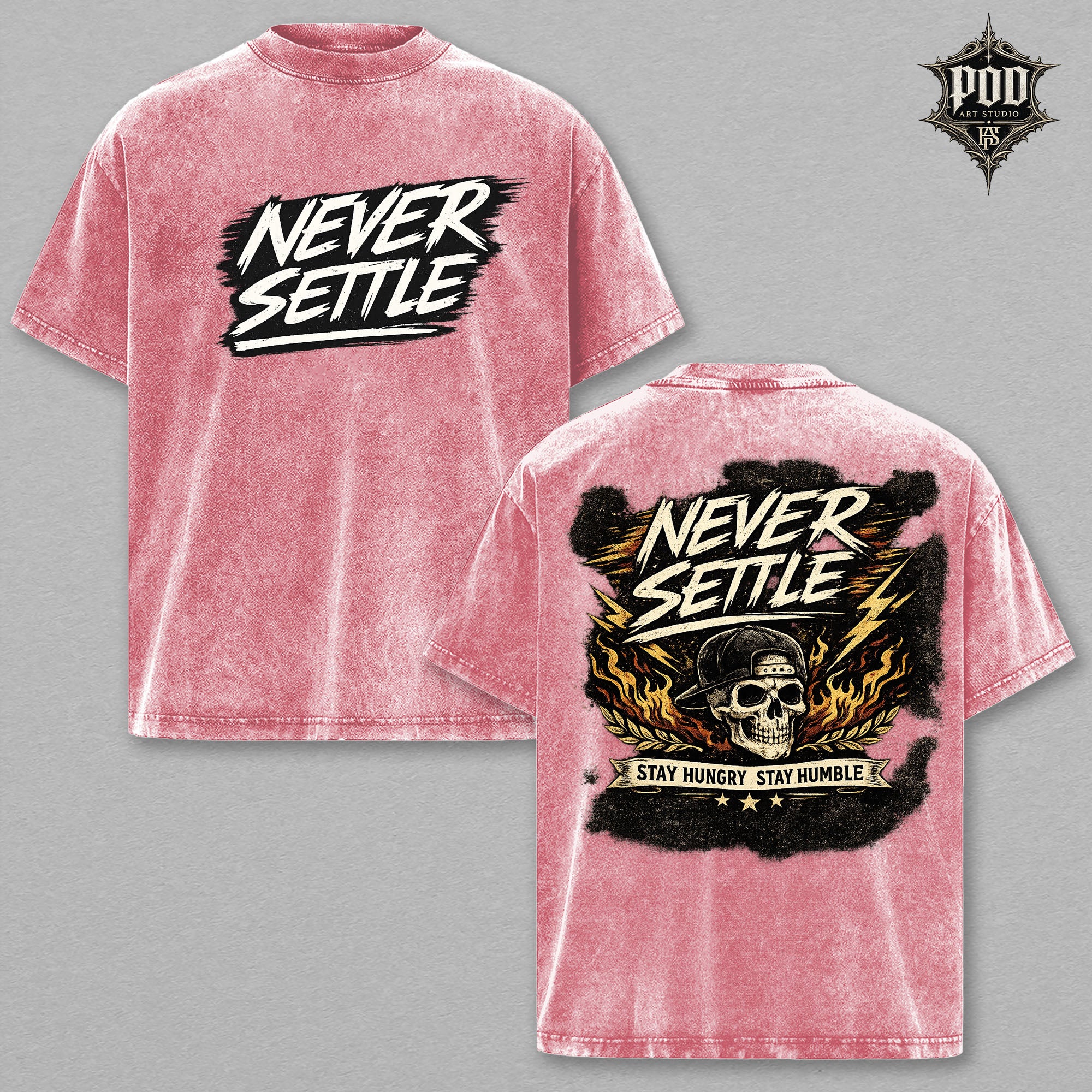 Never Settle Vintage Wash Oversized T-Shirt, Skull Graphic Tee, Stay Hungry Stay Humble Shirt, Streetwear Washed Cotton Tee, Unisex Gift (Bản sao)
