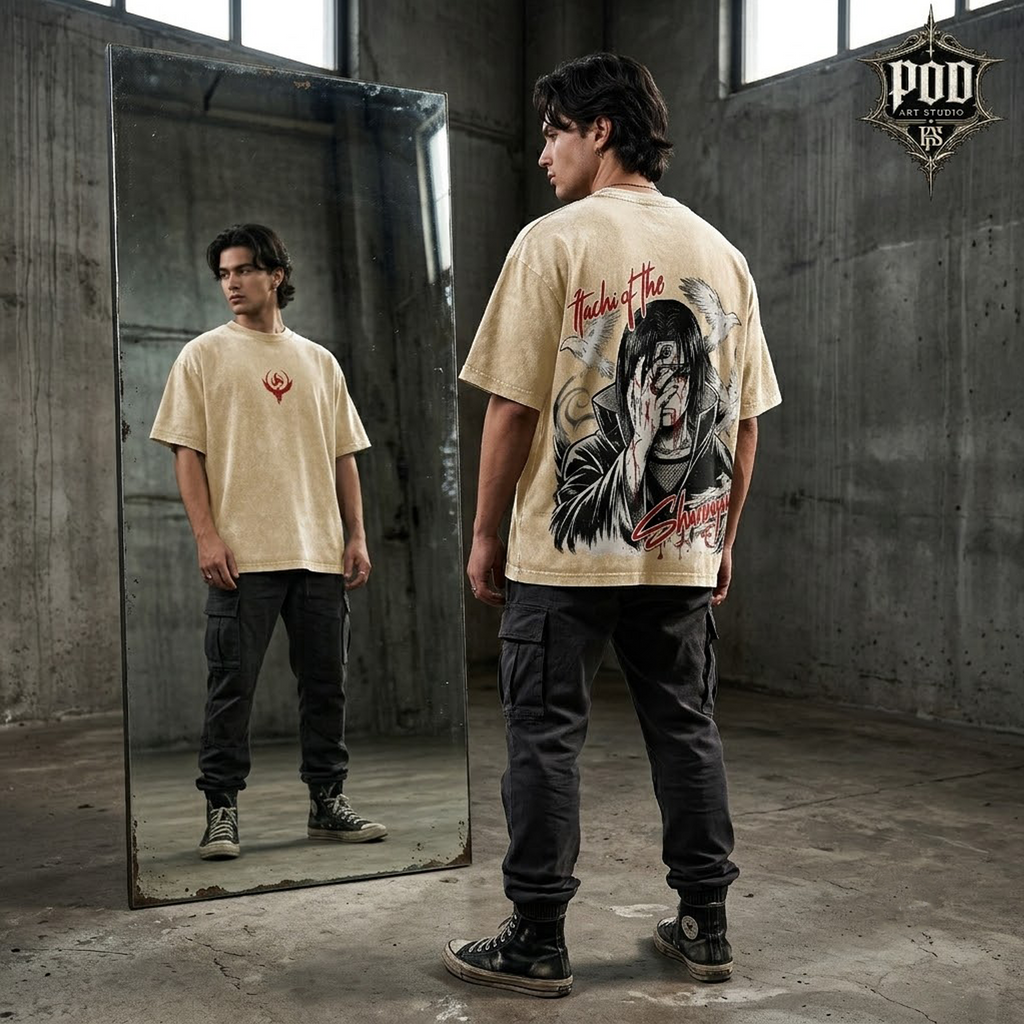 Anime Itachi Acid Wash Shirt, Graphic Anime Streetwear Tee, Vintage Washed Oversized T-Shirt, Uchiha Clan Akatsuki Shirt, Genjutsu Crow Gift
