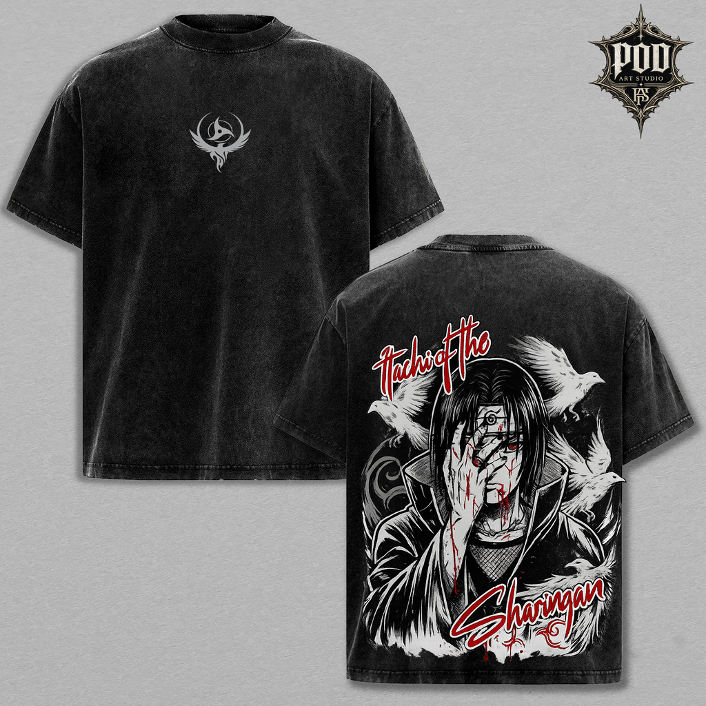 Anime Itachi Acid Wash Shirt, Graphic Anime Streetwear Tee, Vintage Washed Oversized T-Shirt, Uchiha Clan Akatsuki Shirt, Genjutsu Crow Gift