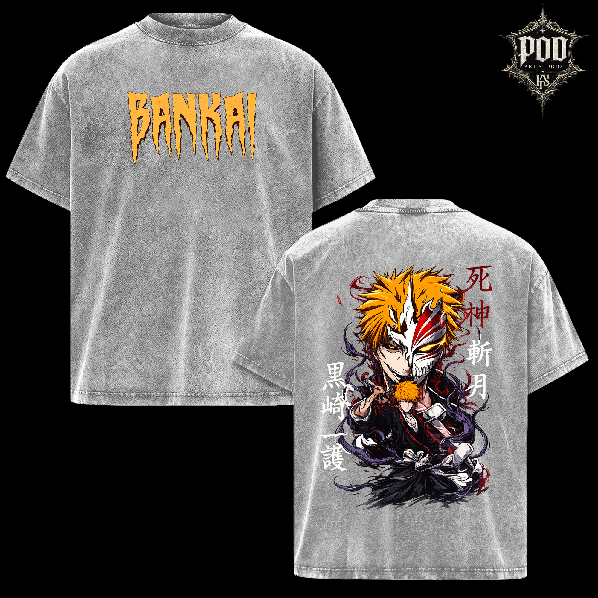 Bleach Anime Shirt, Ichigo Kurosaki Bankai Tee, Hollow Mask Anime Merch, Heavyweight Washed Black Graphic Tshirt, Y2K Anime Clothing, Manga Tee