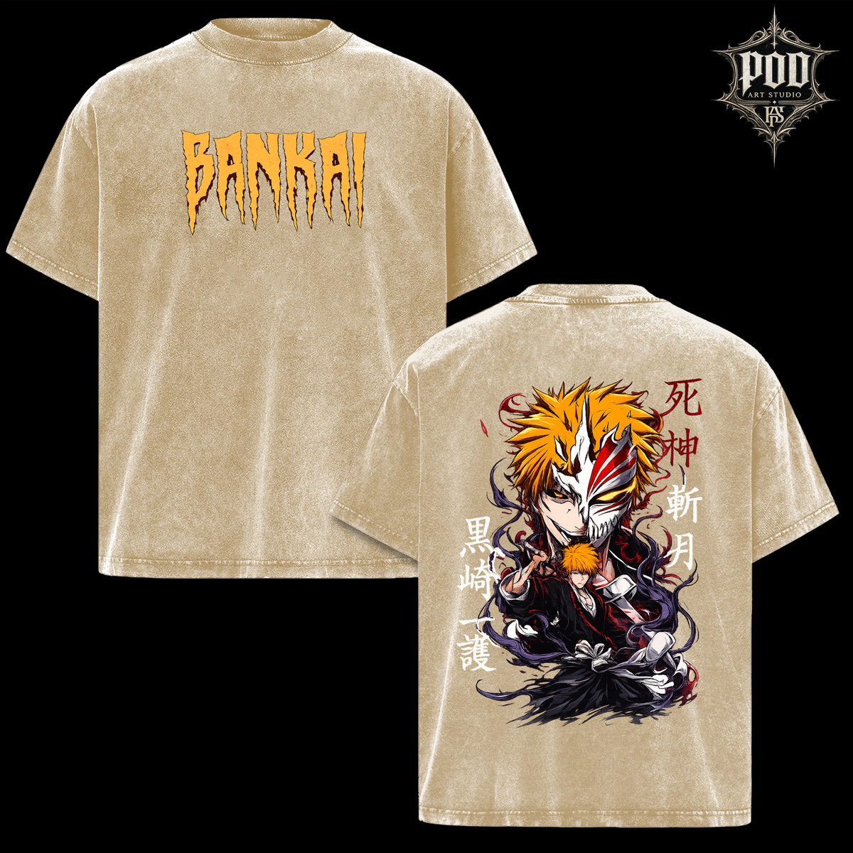 Bleach Anime Shirt, Ichigo Kurosaki Bankai Tee, Hollow Mask Anime Merch, Heavyweight Washed Black Graphic Tshirt, Y2K Anime Clothing, Manga Tee
