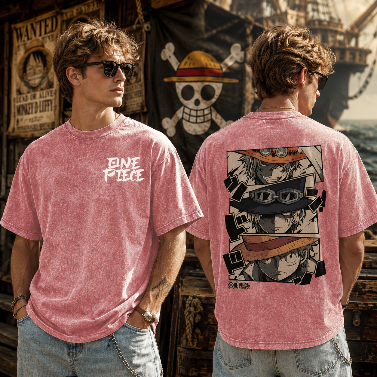 One Piece Vintage Wash Anime T-Shirt, Ace Sabo Luffy Graphic Tee, Pirate Anime Oversized Shirt, Manga Fan Gift, Streetwear Tee