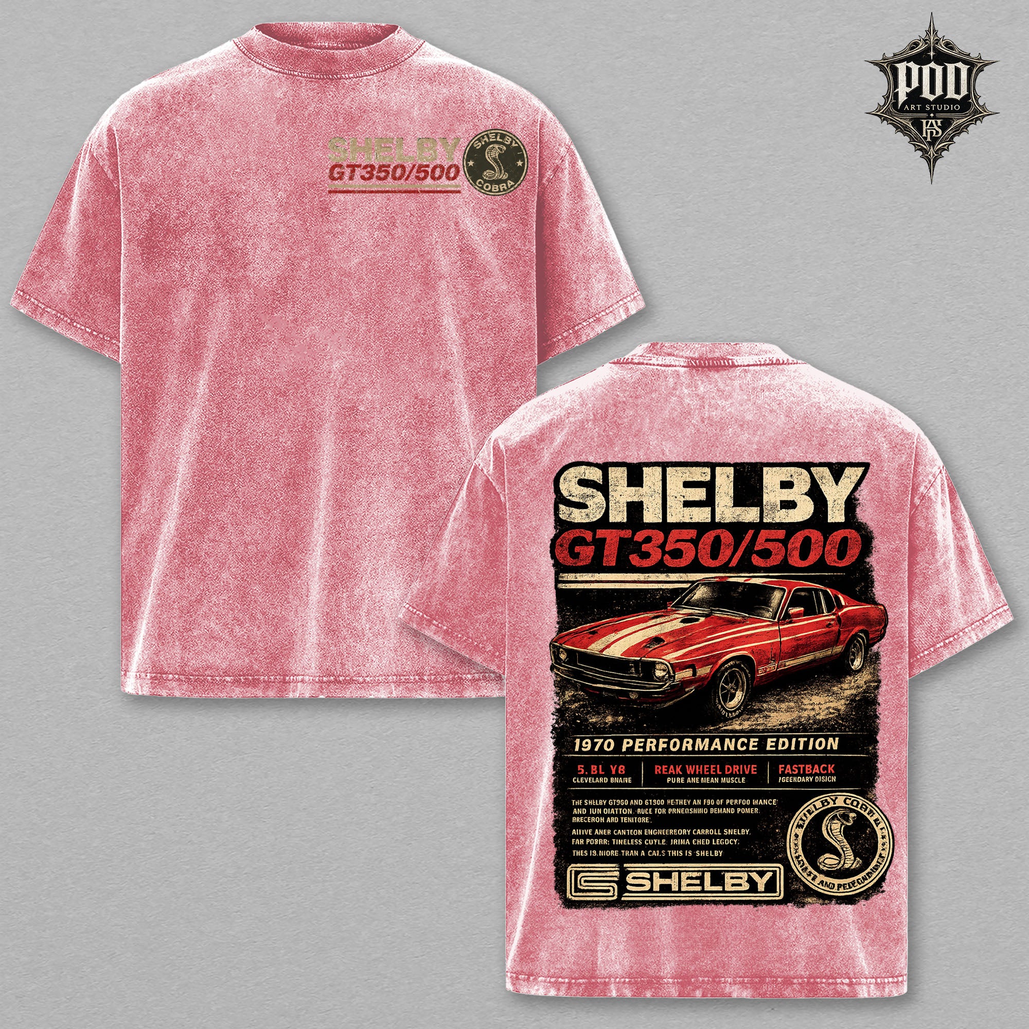 Shelby GT350/500 Vintage Muscle Car Washed T-Shirt – 1970 Performance Edition Graphic Tee