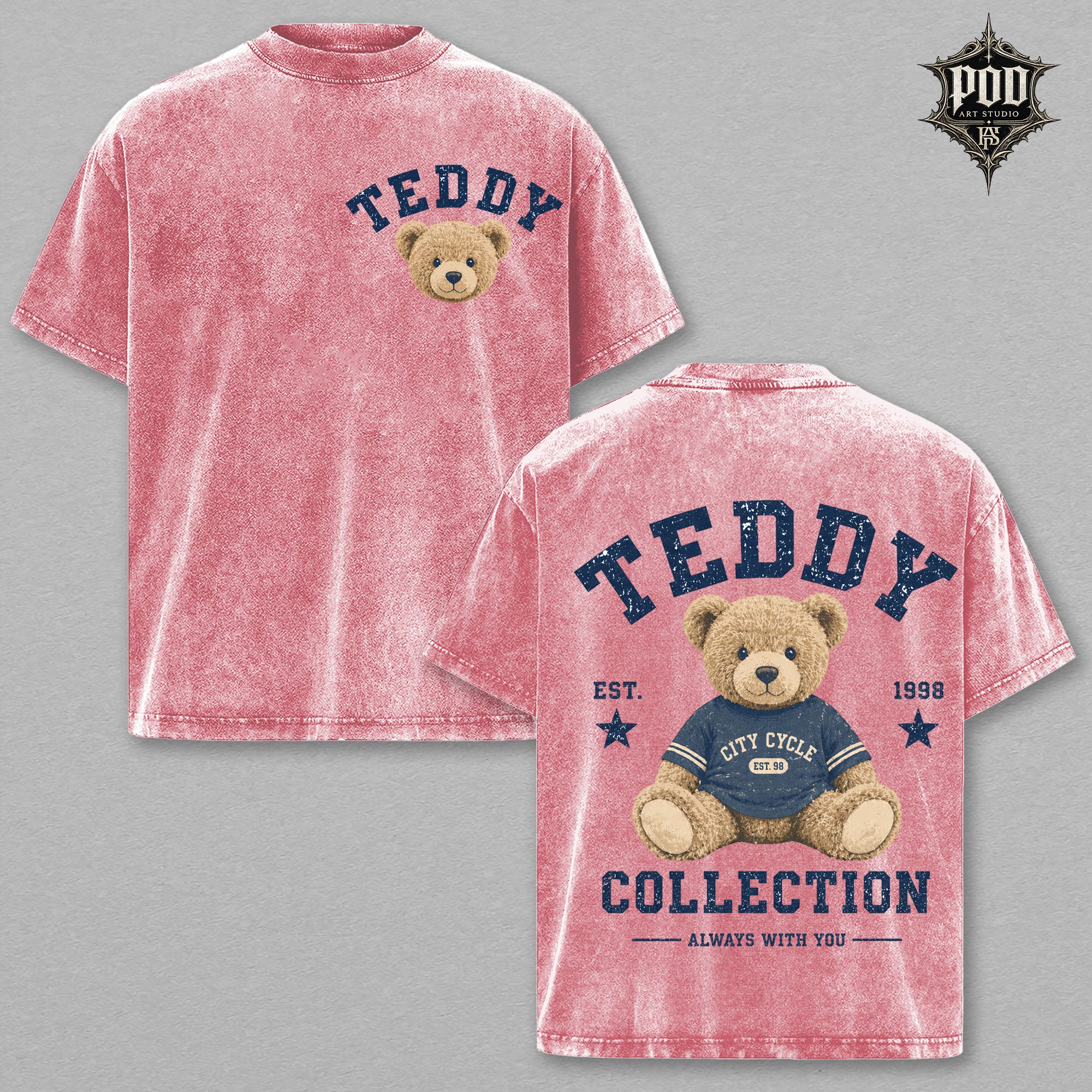 Teddy Collection Vintage Wash Graphic Tee – Cute Teddy Bear Oversized Heavyweight Streetwear T-Shirt for Women & Bear Lovers