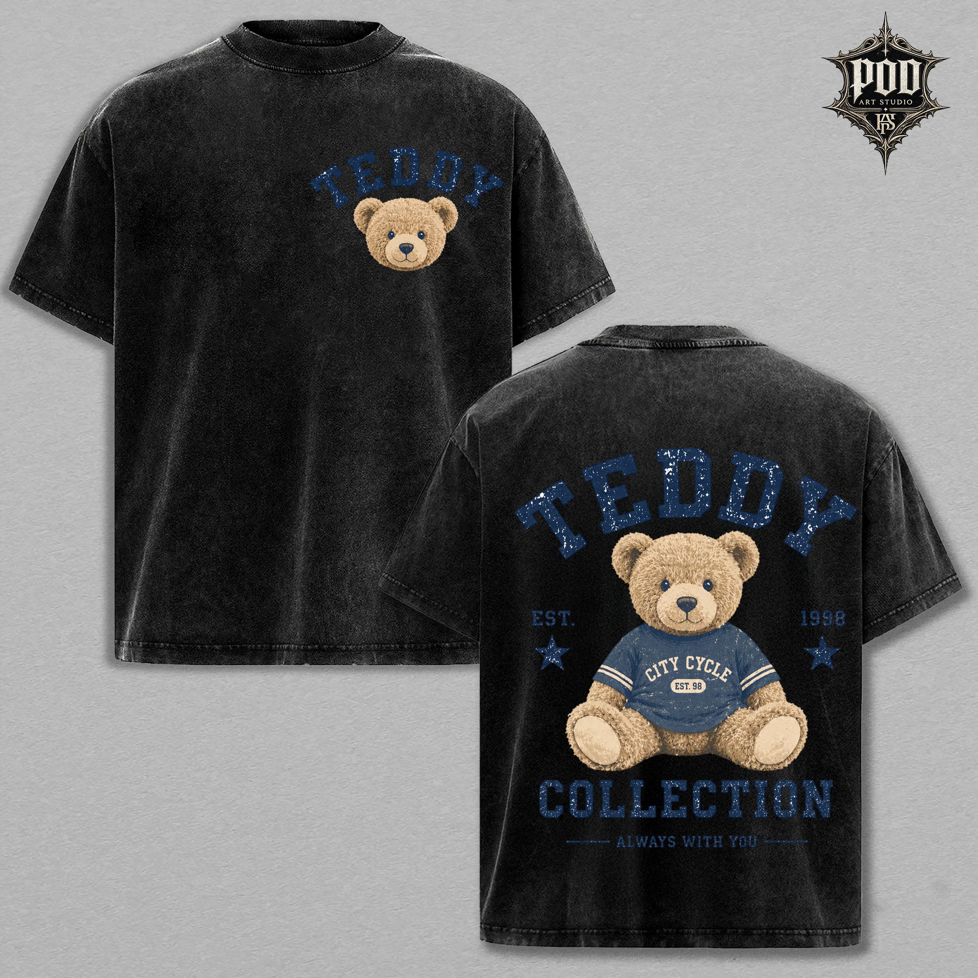 Teddy Collection Vintage Wash Graphic Tee – Cute Teddy Bear Oversized Heavyweight Streetwear T-Shirt for Women & Bear Lovers