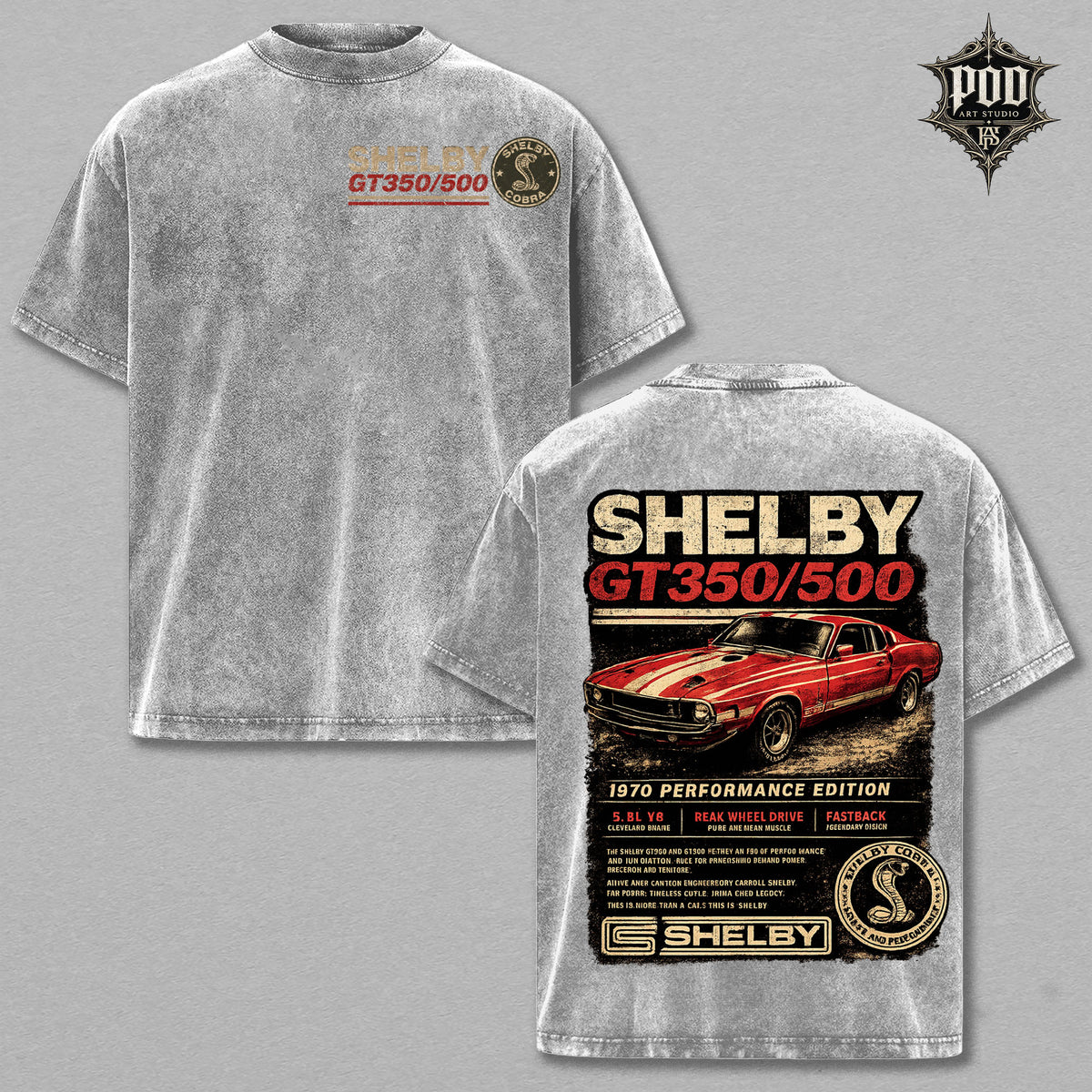 Shelby GT350/500 Vintage Muscle Car Washed T-Shirt – 1970 Performance Edition Graphic Tee