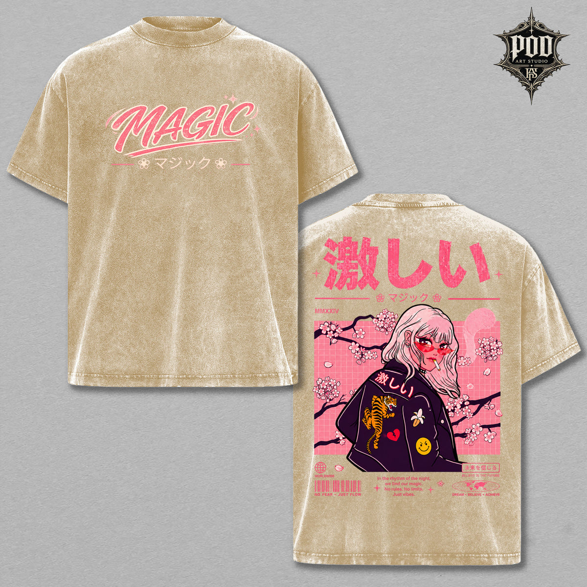 Magic Vintage Wash Anime Graphic Tee – Japanese Streetwear Oversized T-Shirt, Heavyweight Washed Cotton Manga Shirt, Harajuku Aesthetic Unisex Tee