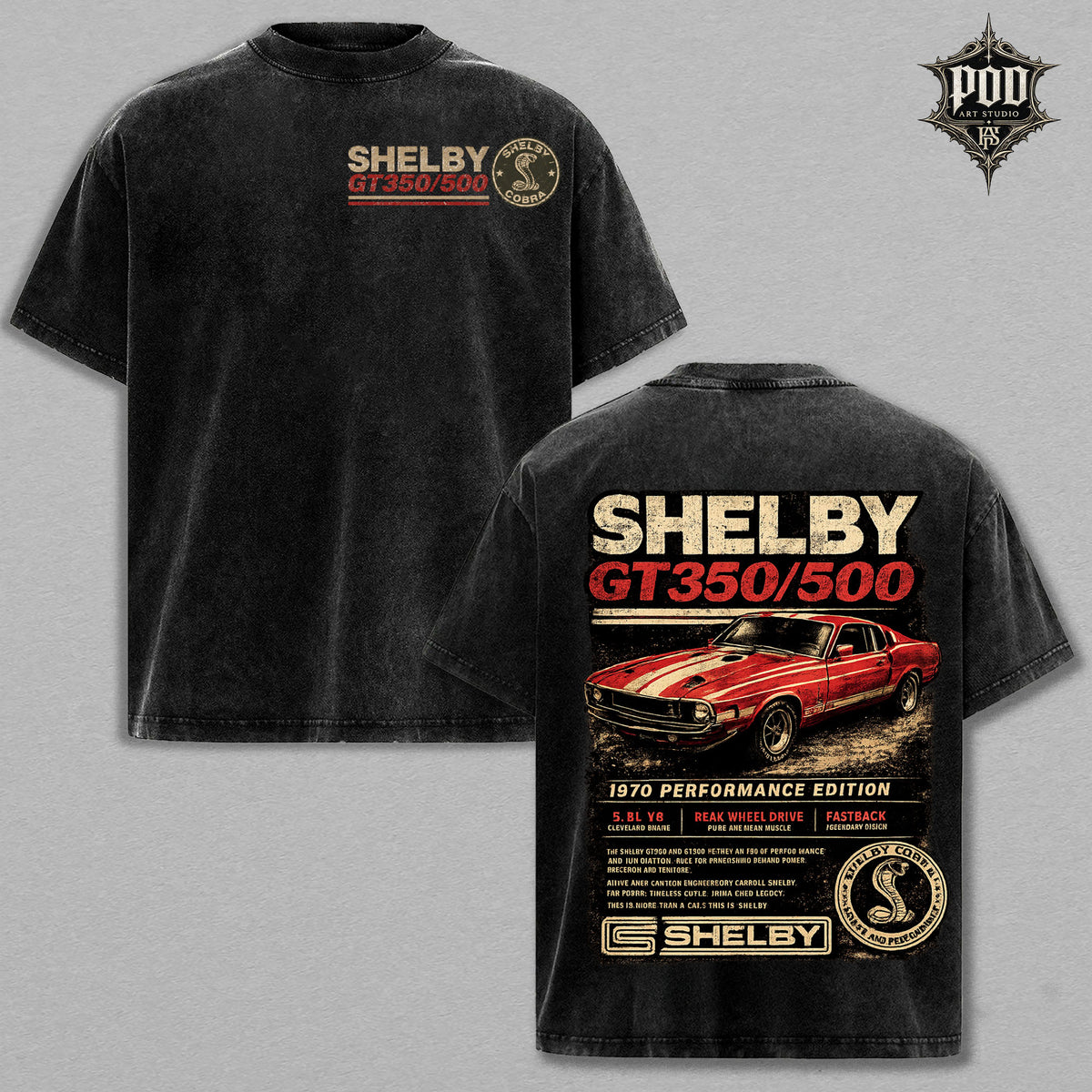 Shelby GT350/500 Vintage Muscle Car Washed T-Shirt – 1970 Performance Edition Graphic Tee