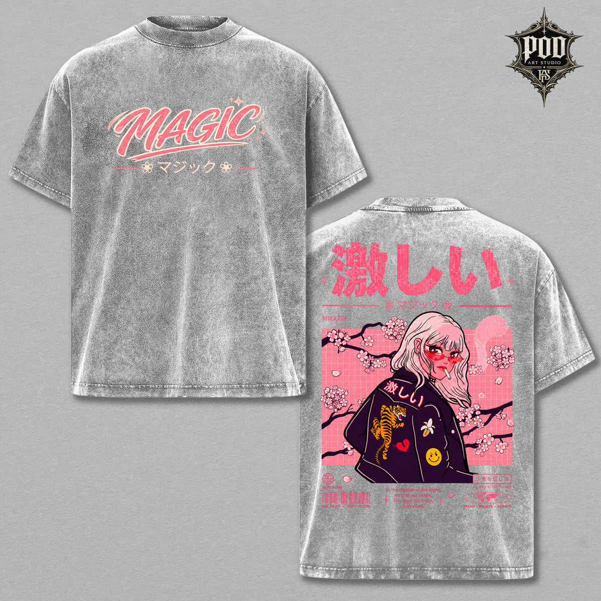 Magic Vintage Wash Anime Graphic Tee – Japanese Streetwear Oversized T-Shirt, Heavyweight Washed Cotton Manga Shirt, Harajuku Aesthetic Unisex Tee