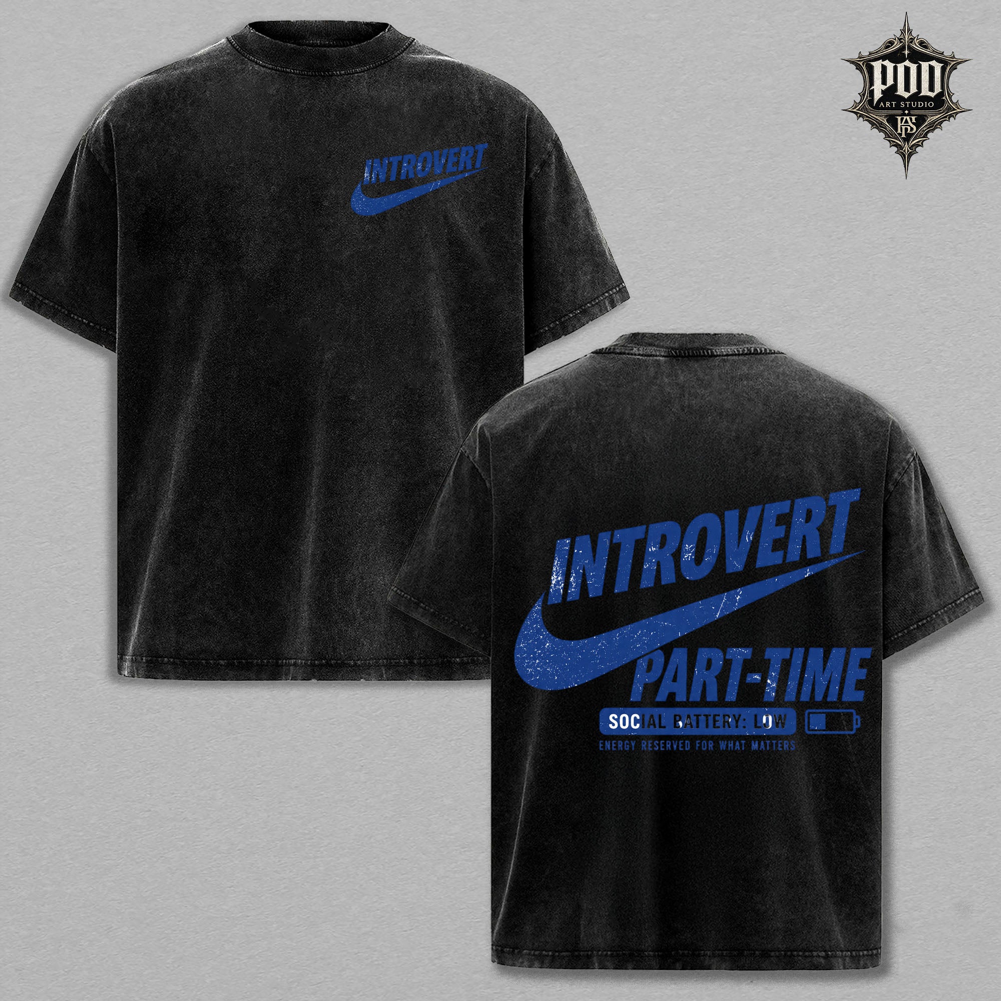 Introvert Part-Time Vintage Wash Graphic T-Shirt – Funny Oversized Streetwear Tee, Social Battery Low Heavyweight Cotton Shirt, Unisex Casual Gift