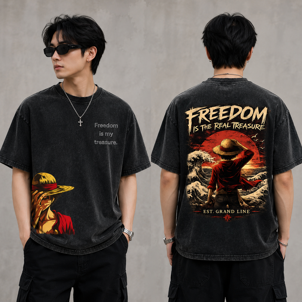 One Piece Luffy Freedom Graphic T-Shirt - Heavyweight Acid Wash