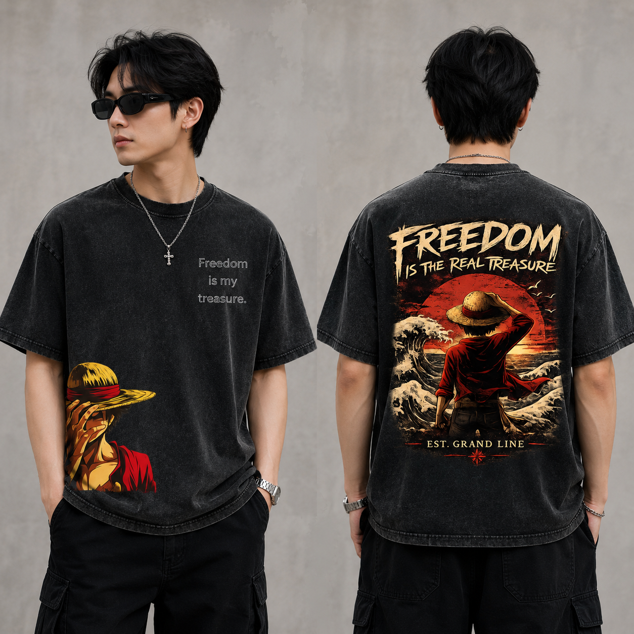 One Piece Luffy Freedom Graphic T-Shirt - Heavyweight Acid Wash