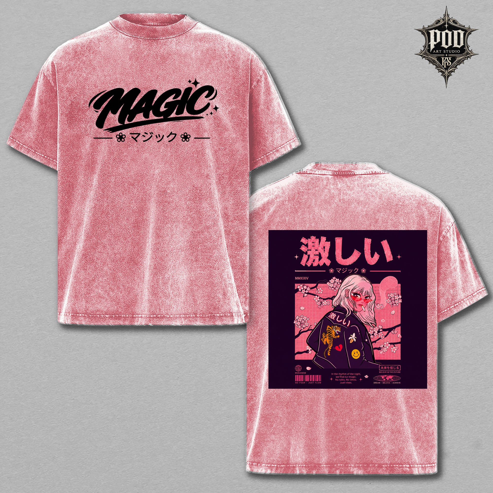 Magic Vintage Wash Anime Graphic Tee – Japanese Streetwear Oversized T-Shirt, Heavyweight Washed Cotton Manga Shirt, Harajuku Aesthetic Unisex Tee