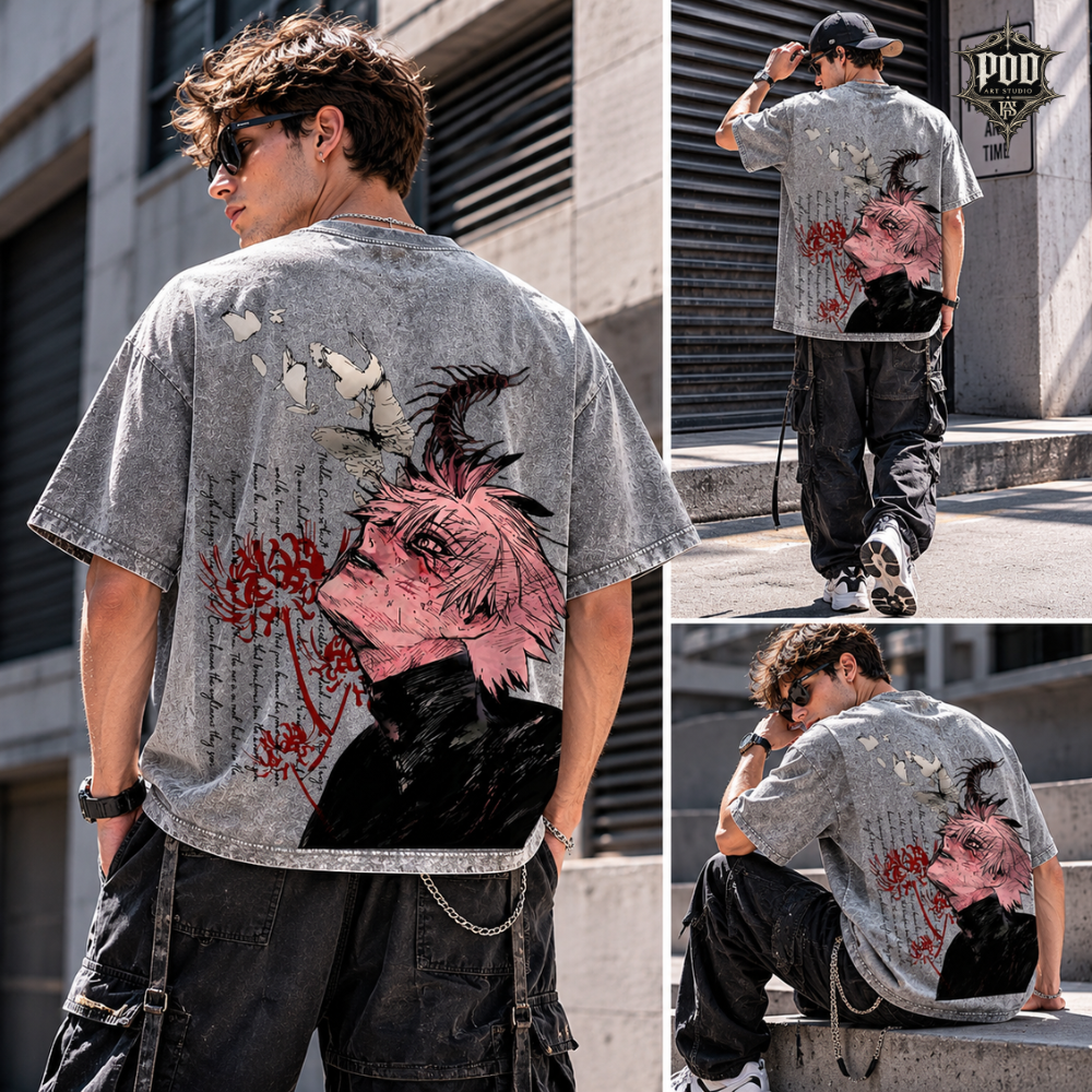 Crimson Spider Lily Vintage Washed Oversized Tee