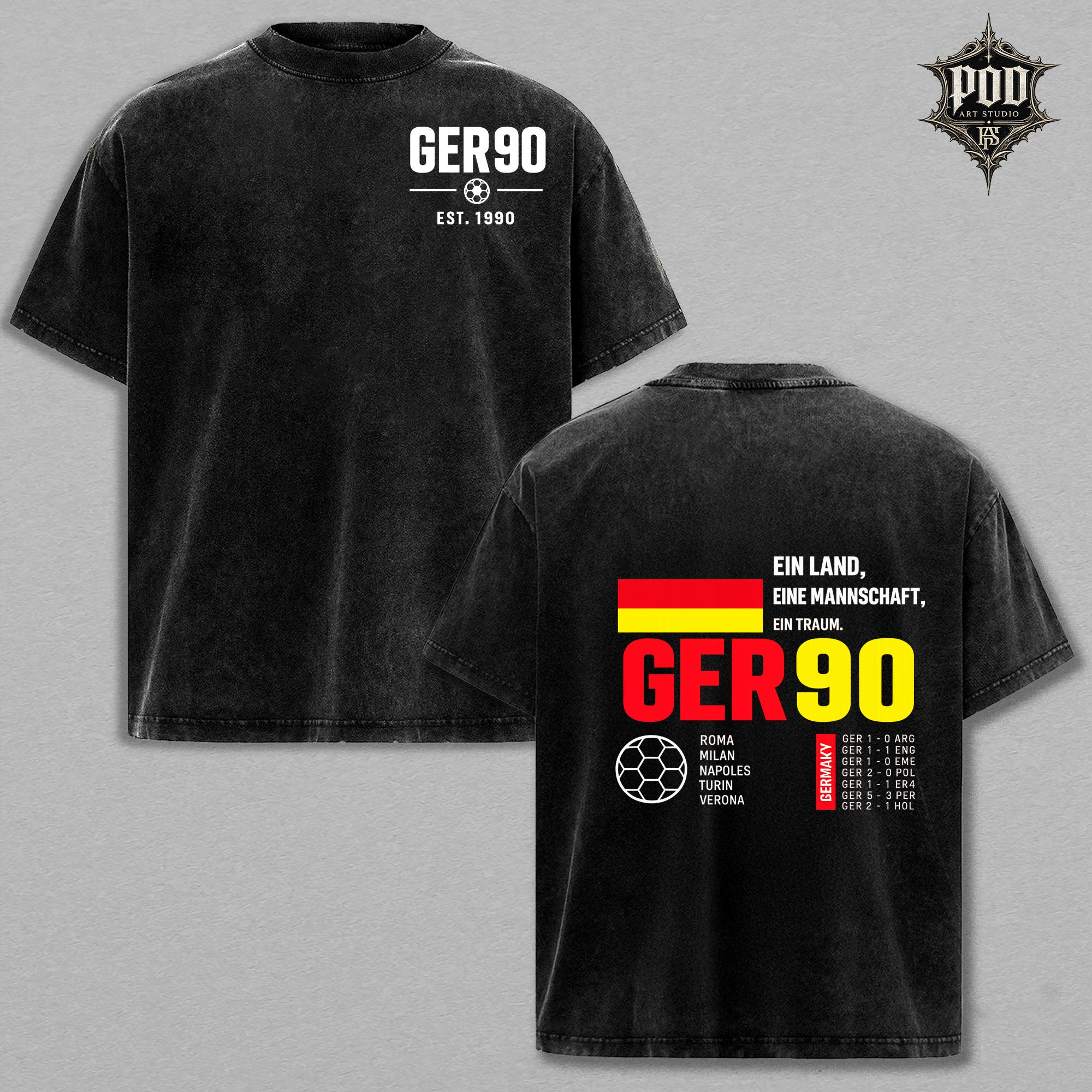 Germany Football Vintage Wash T-Shirt – GER90 Graphic Oversized Tee, German Soccer Fan Heavyweight Shirt, Retro Streetwear Unisex Gift
