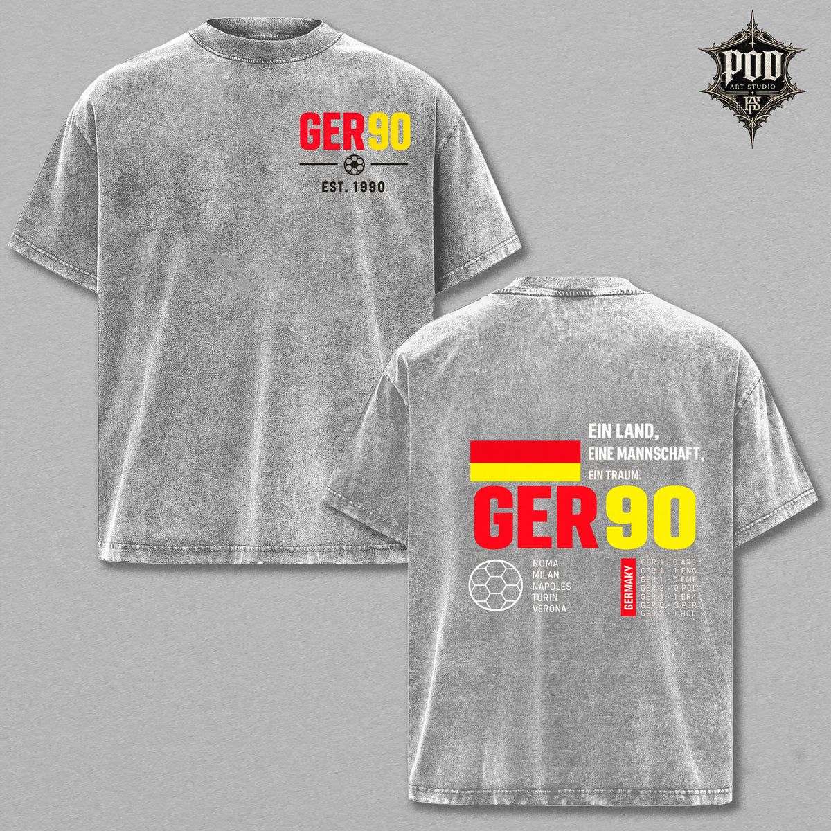 Germany Football Vintage Wash T-Shirt – GER90 Graphic Oversized Tee, German Soccer Fan Heavyweight Shirt, Retro Streetwear Unisex Gift