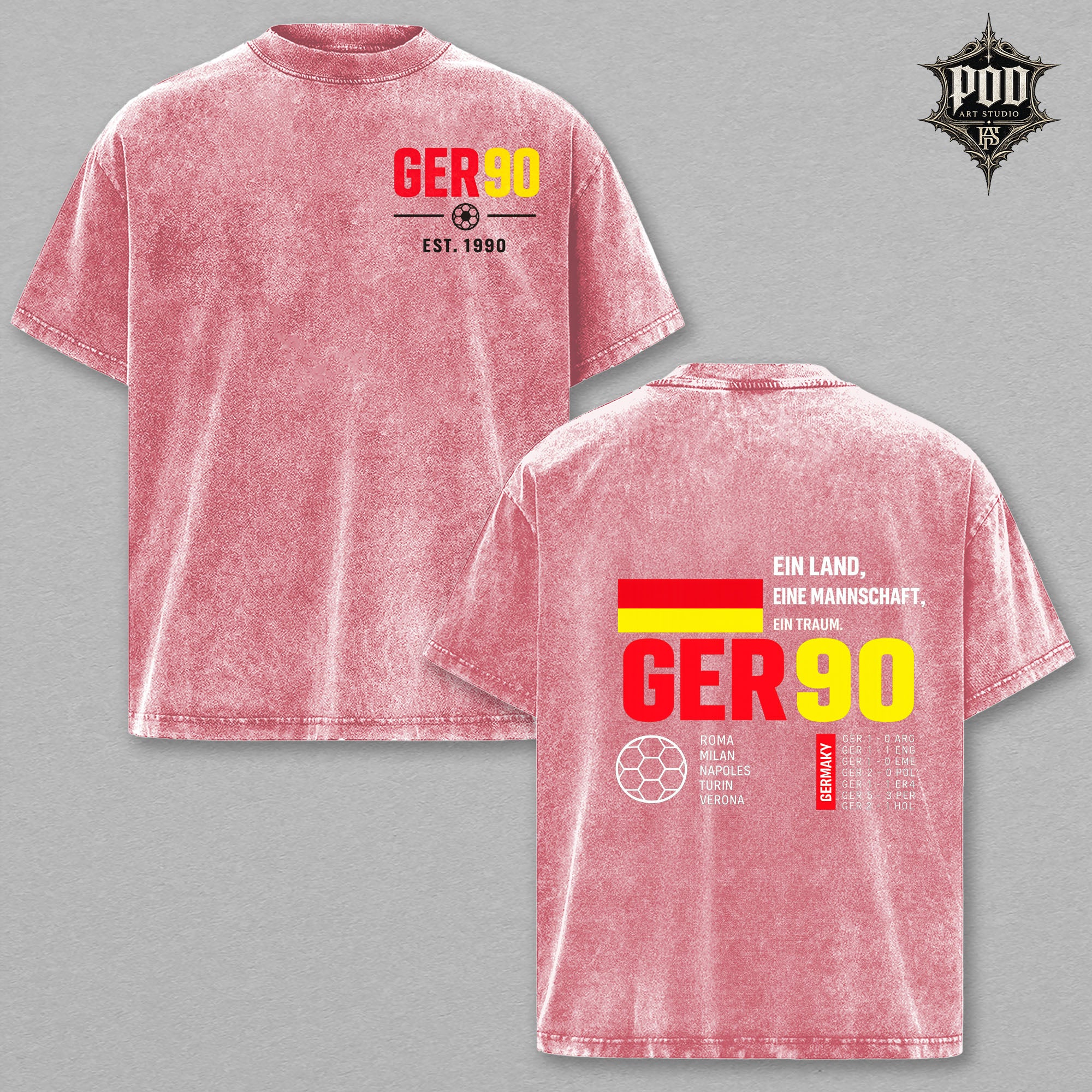 Germany Football Vintage Wash T-Shirt – GER90 Graphic Oversized Tee, German Soccer Fan Heavyweight Shirt, Retro Streetwear Unisex Gift