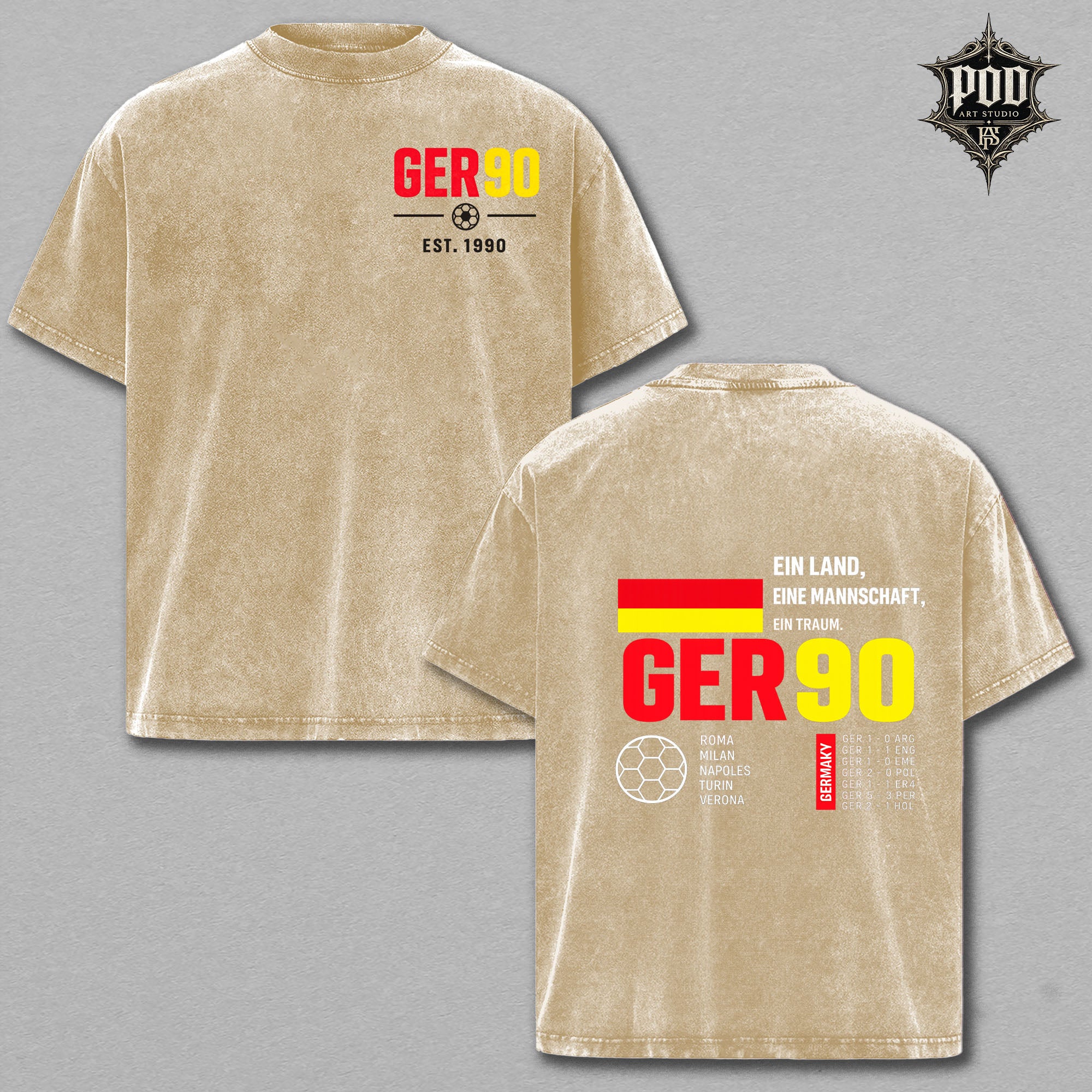 Germany Football Vintage Wash T-Shirt – GER90 Graphic Oversized Tee, German Soccer Fan Heavyweight Shirt, Retro Streetwear Unisex Gift