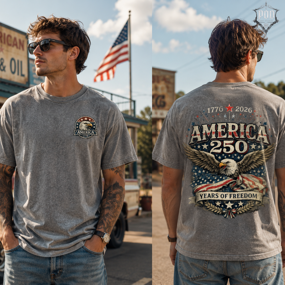 America 250 Vintage Washed Tee – Patriotic USA Streetwear Shirt, Oversized Freedom Graphic T-Shirt