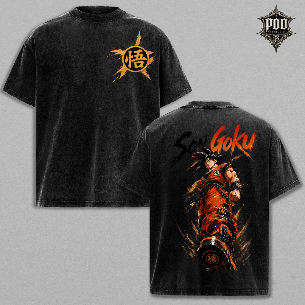 Anime Son Goku Vintage Wash Graphic Tee – Heavyweight Oversized Streetwear T-Shirt