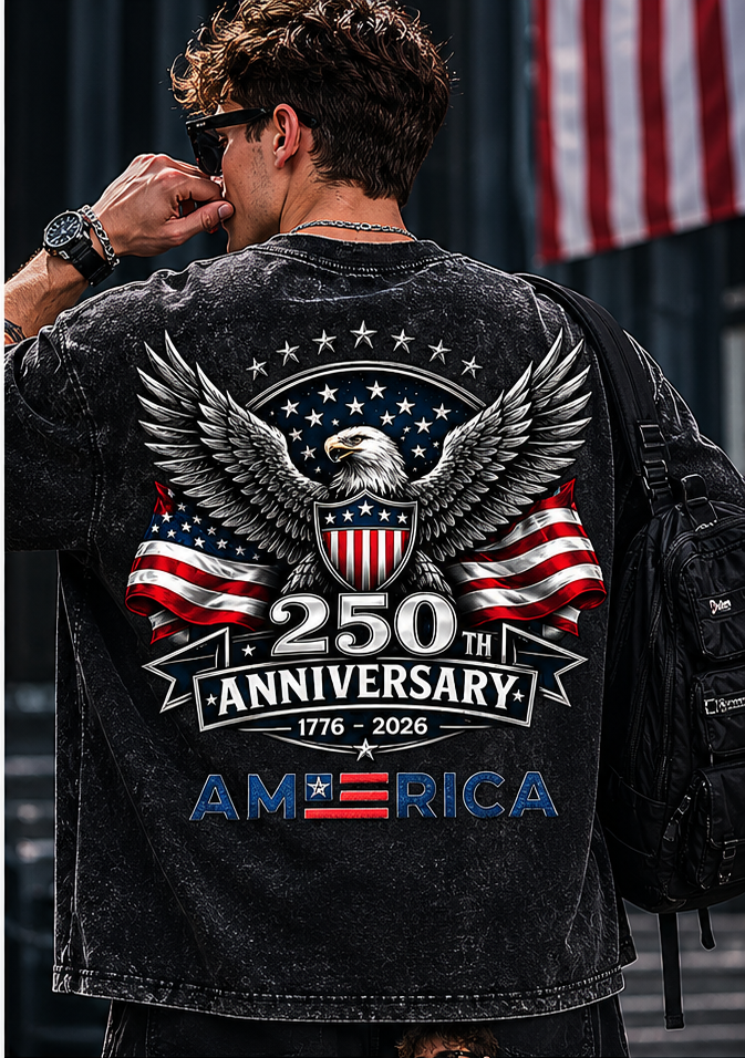 America 250 Vintage Washed Oversized Tee 🇺🇸 Patriotic USA Streetwear Shirt • Retro Eagle Graphic T-Shirt • Vintage Americana Fashion