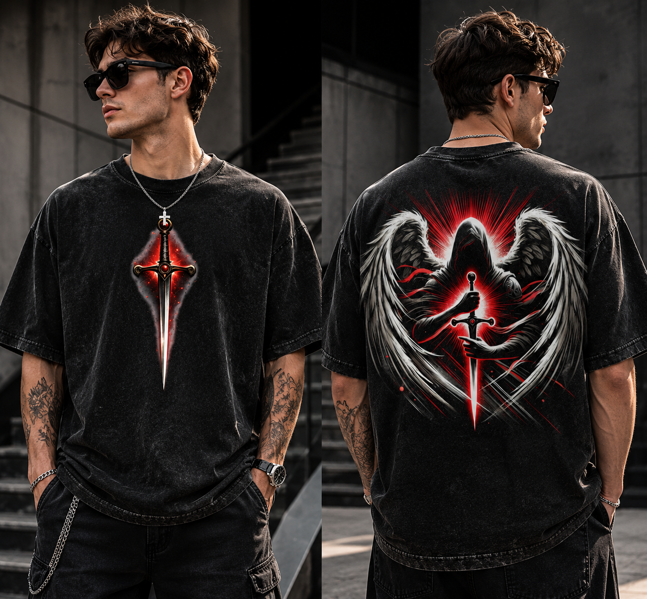 Dark Angel Vintage Washed Oversized Tee ⚔️ Gothic Streetwear Shirt • Fallen Angel Graphic T-Shirt • Dark Fantasy Oversized Tee
